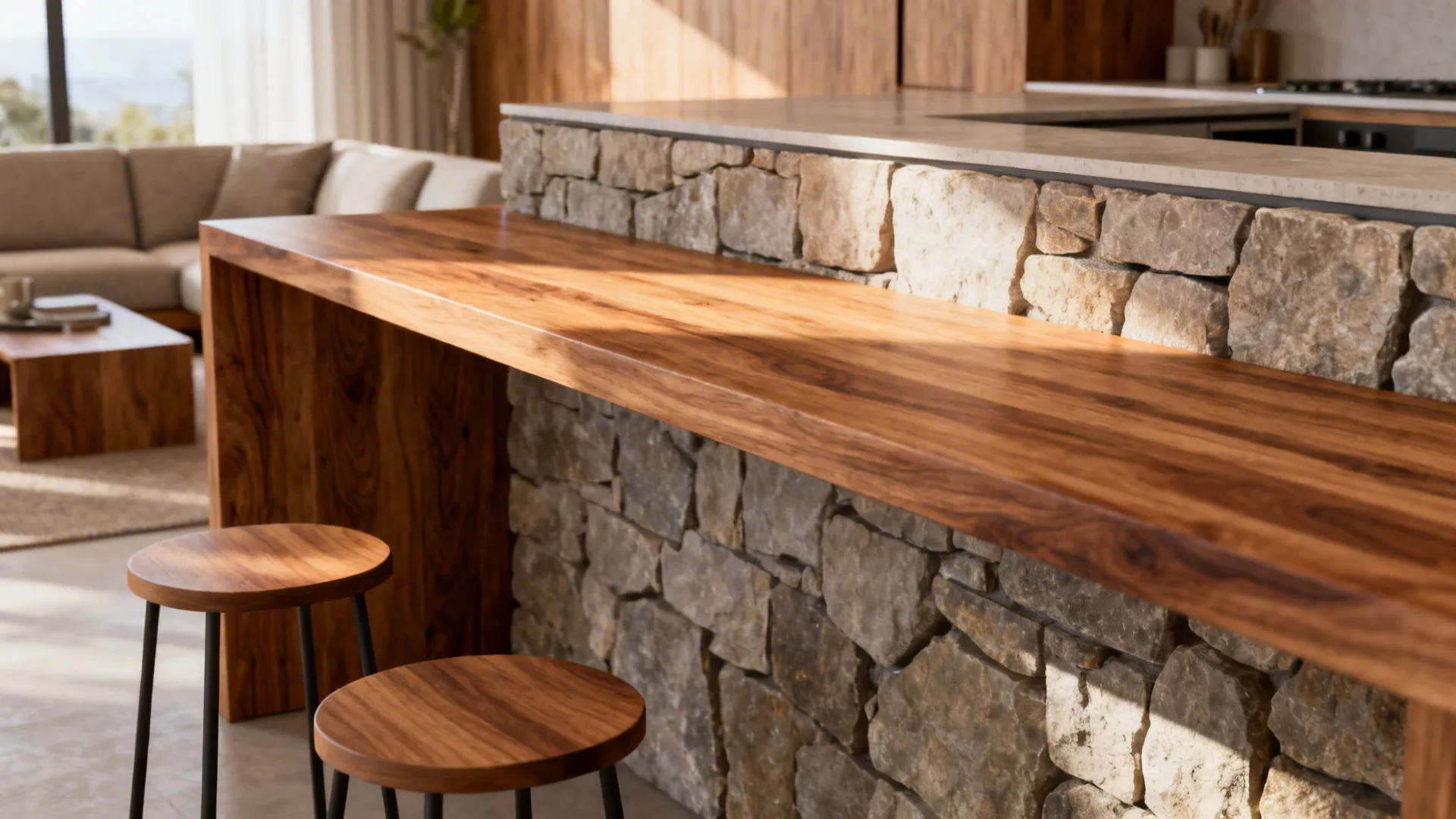 Half wall breakfast bar with wood countertop and two stools connecting kitchen and living area
