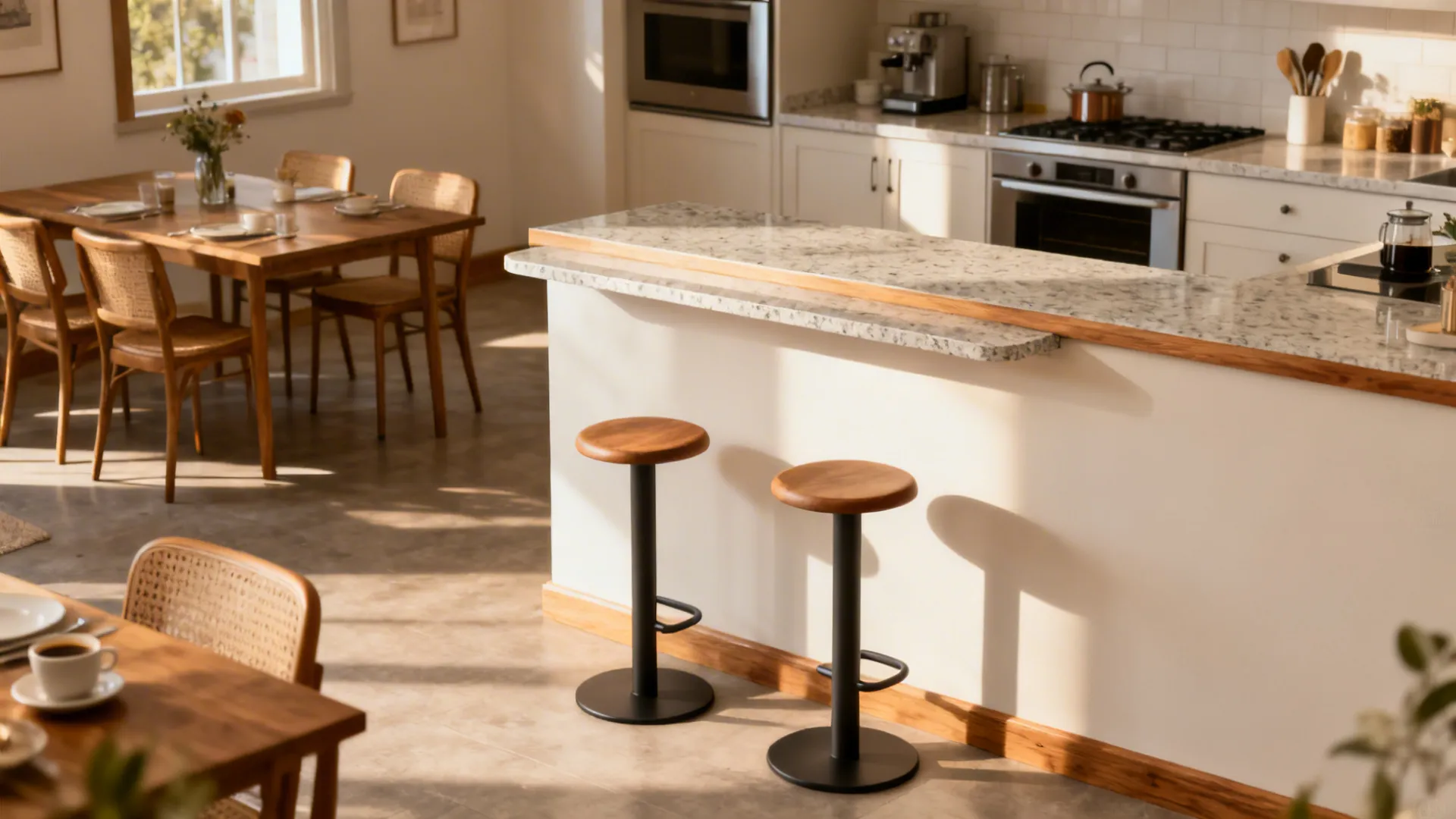 Slim quartz overhang on a half wall creating a narrow breakfast ledge with backless stools.