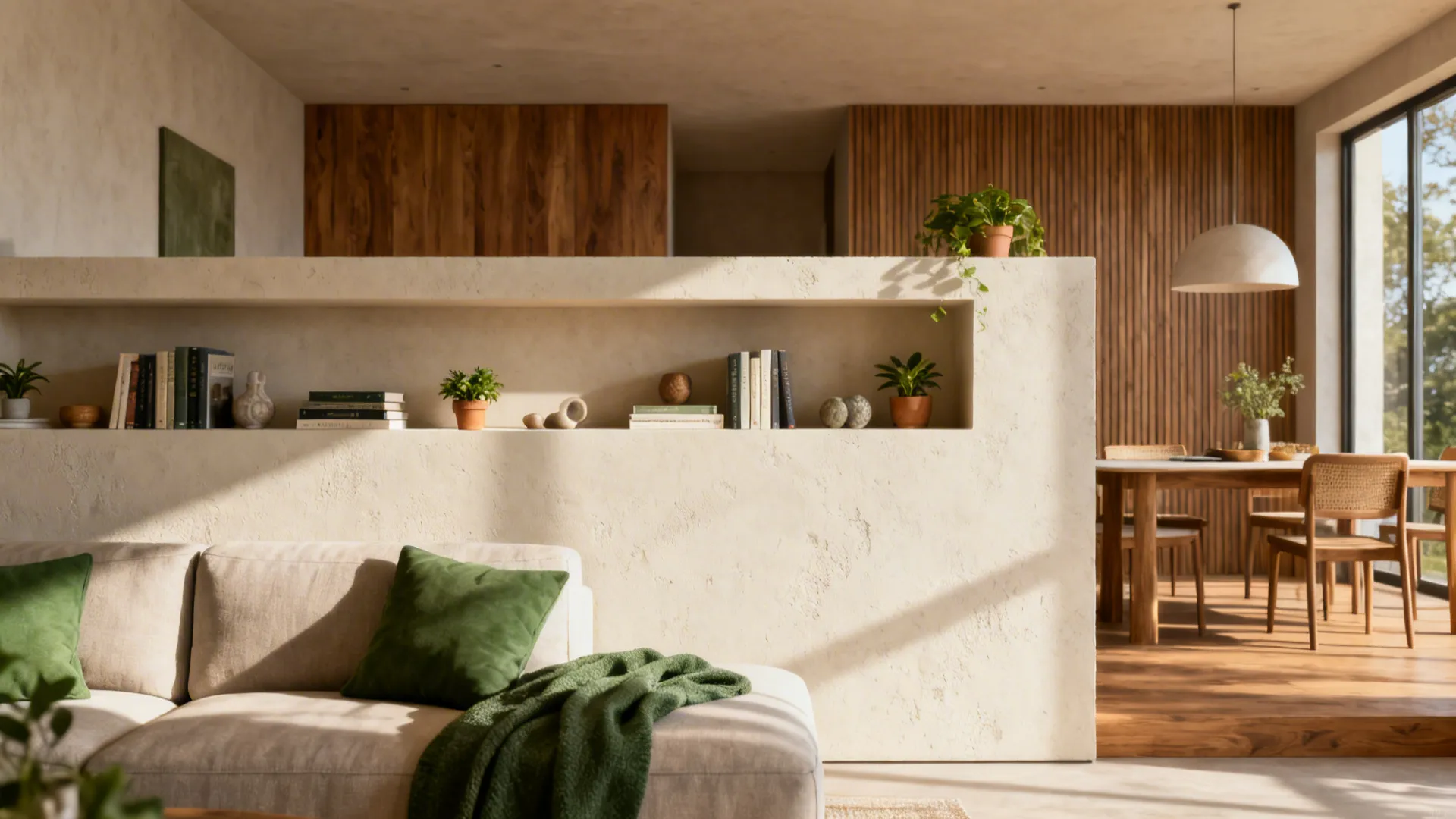 Modern living room with beige sofa, green pillow, half wall shelf, and dining room background
