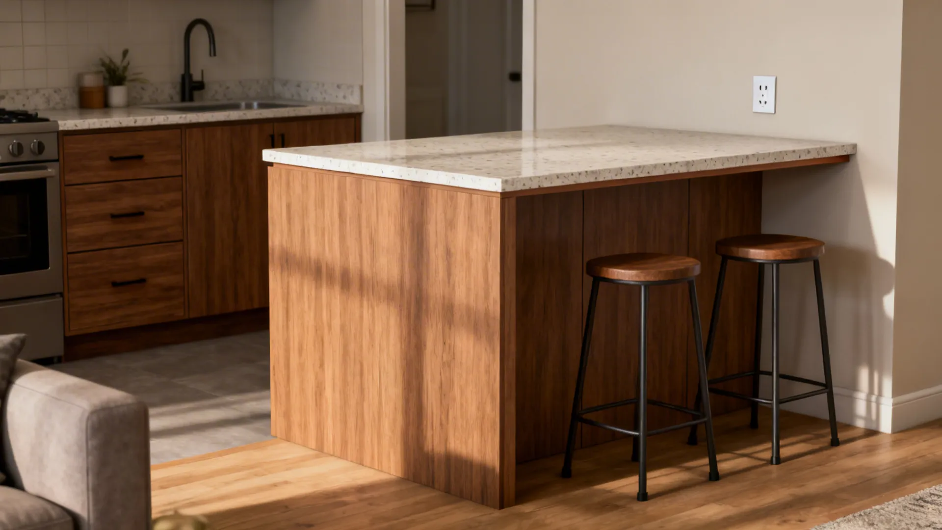 Half-height cabinet partition with a slim ledge and stools separating kitchen and living room.