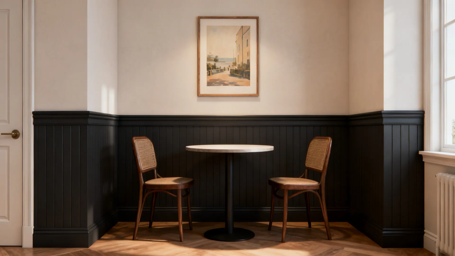 Cozy dining nook with half-wall chair rail and darker board and batten below and artwork above.