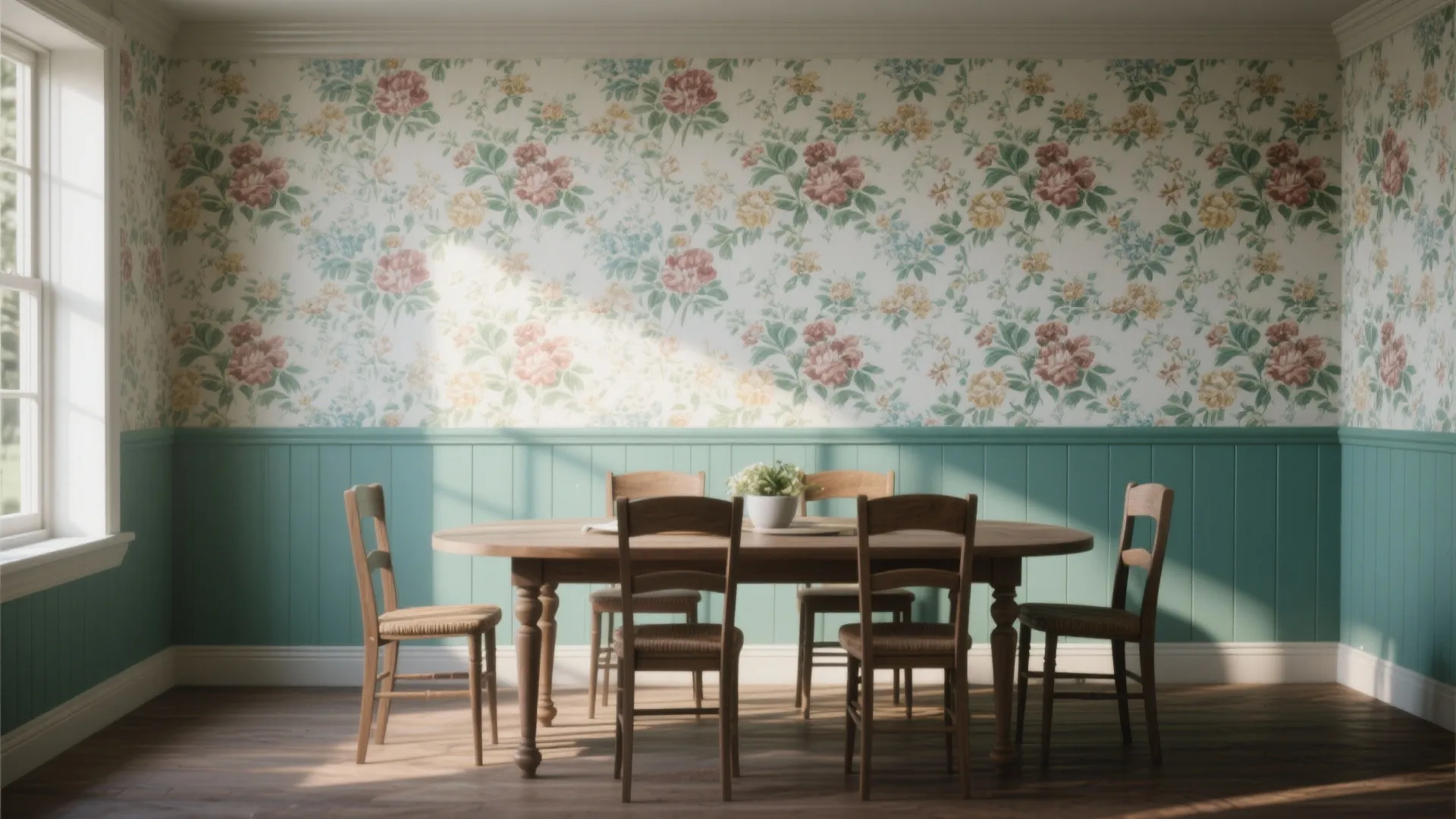 Dining room with floral wallpaper and green wall panel plus a wooden table and chairs