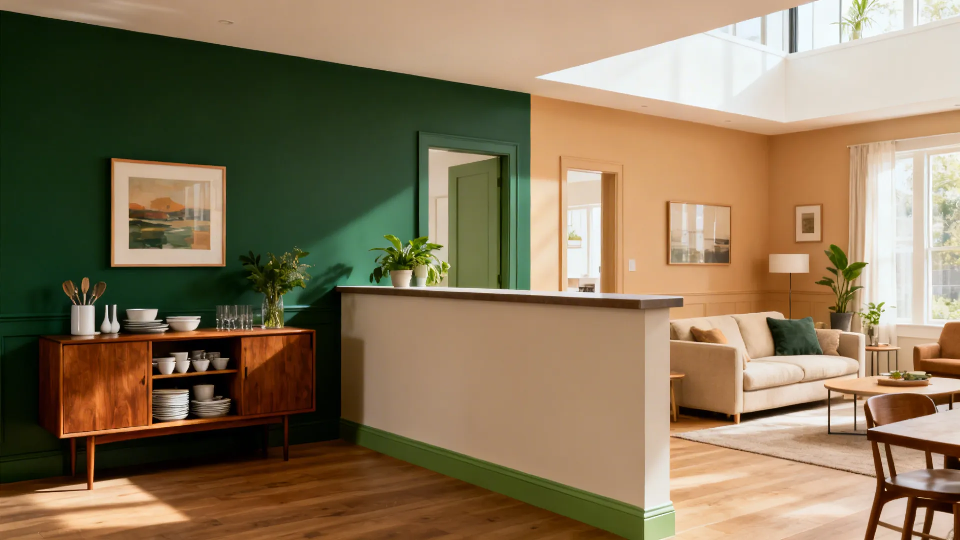 Half-height wall and deep green color block define the dining zone while keeping the space open.