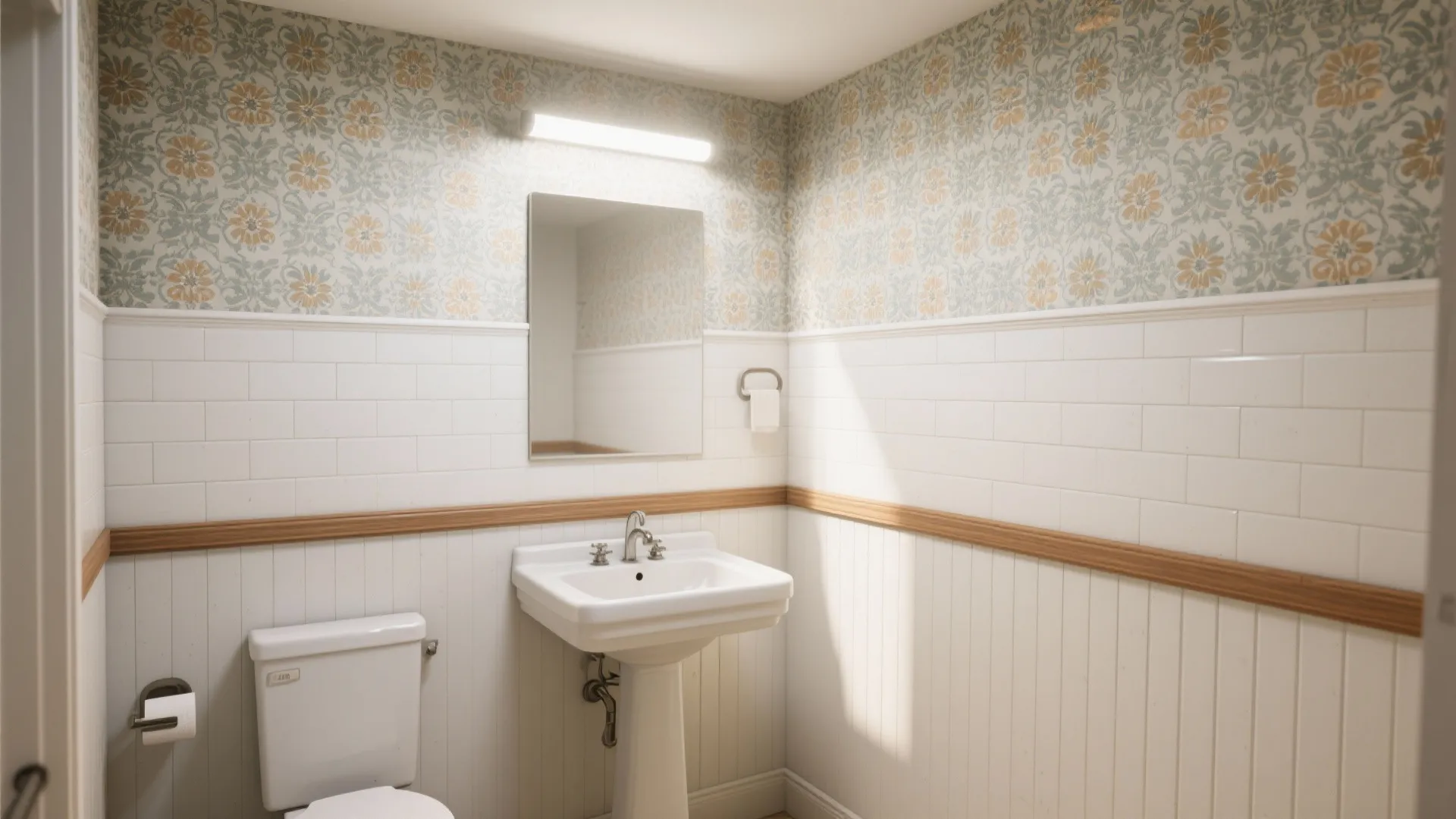 Bathroom featuring floral wallpaper white wall panel tiles a pedestal sink toilet and bright wall light