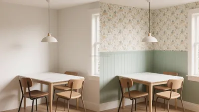 Floral Wallpaper Dining Room with Green Wainscoting