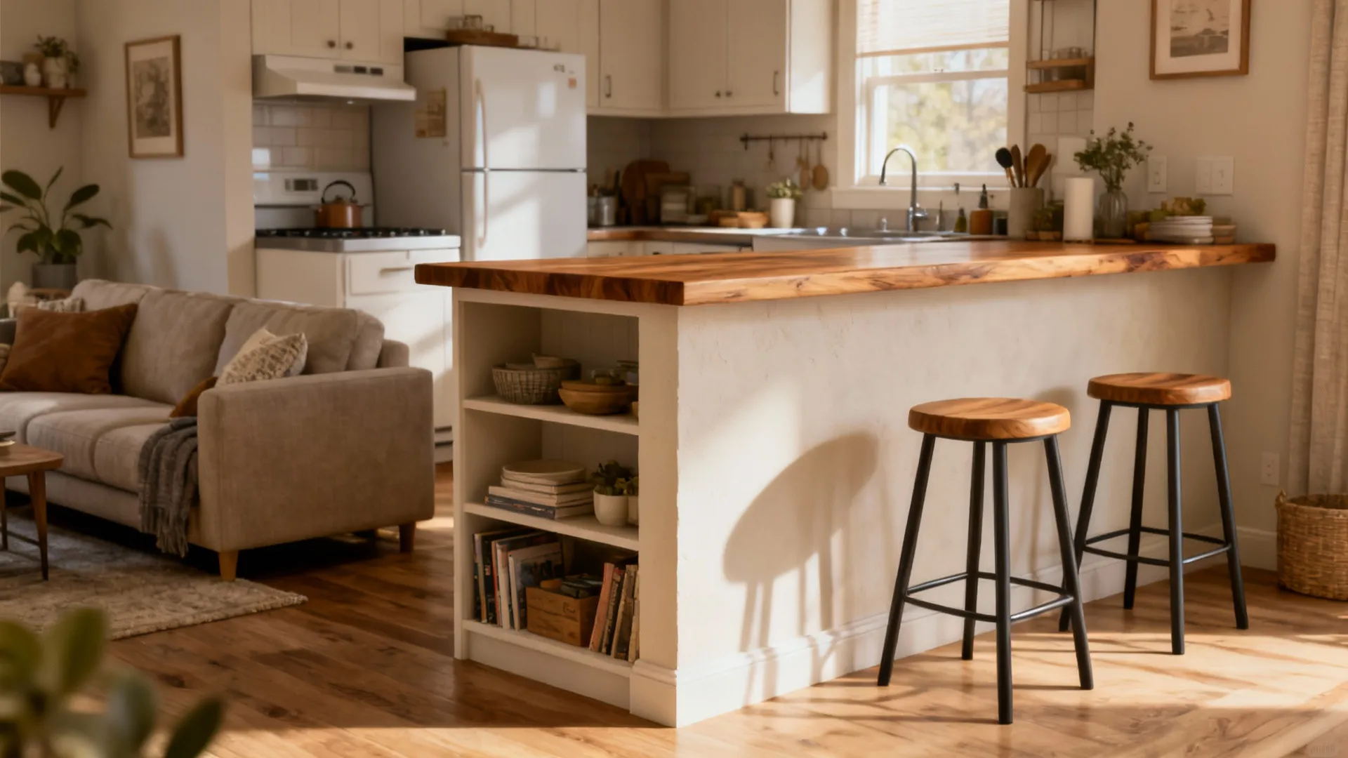 Half wall with wood countertop separating a kitchen and living room with bar stools and storage.
