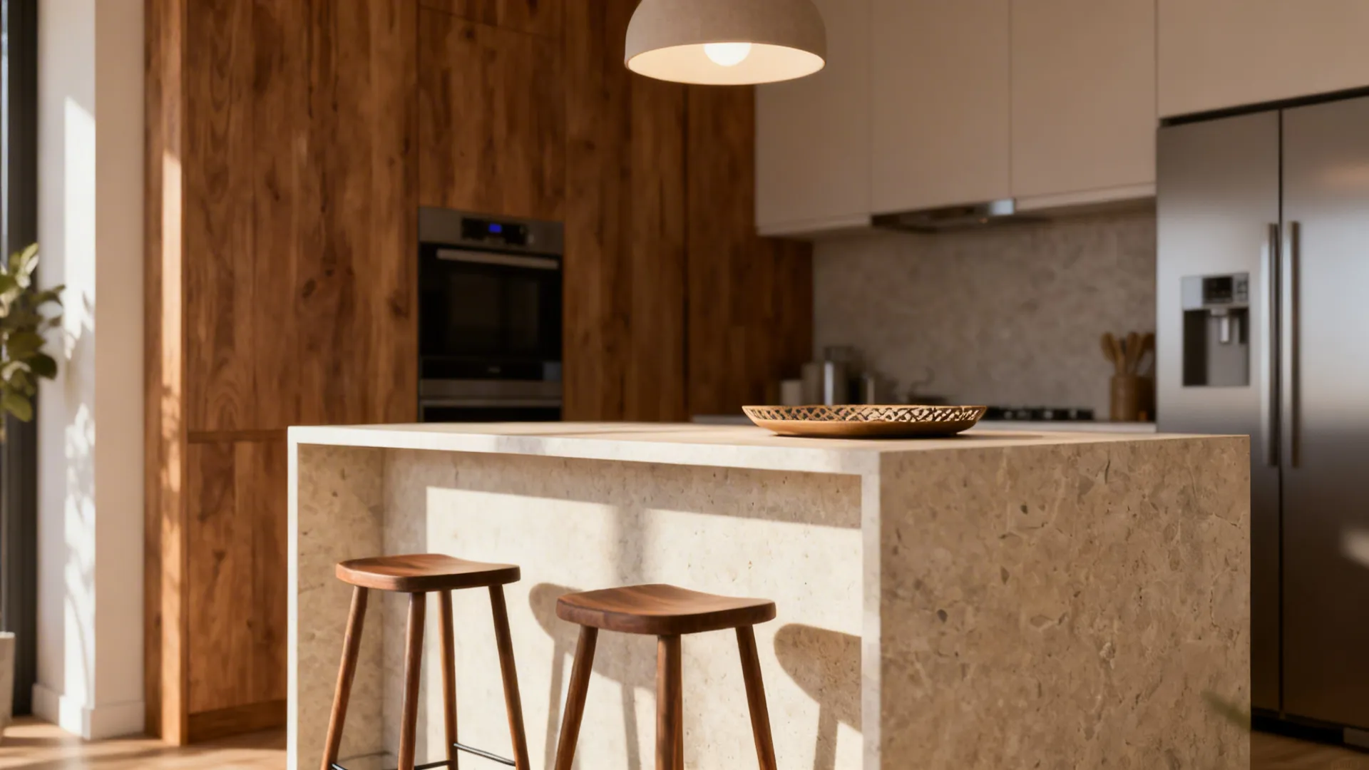 Low half-wall with a countertop used as a breakfast bar separating kitchen and living area.