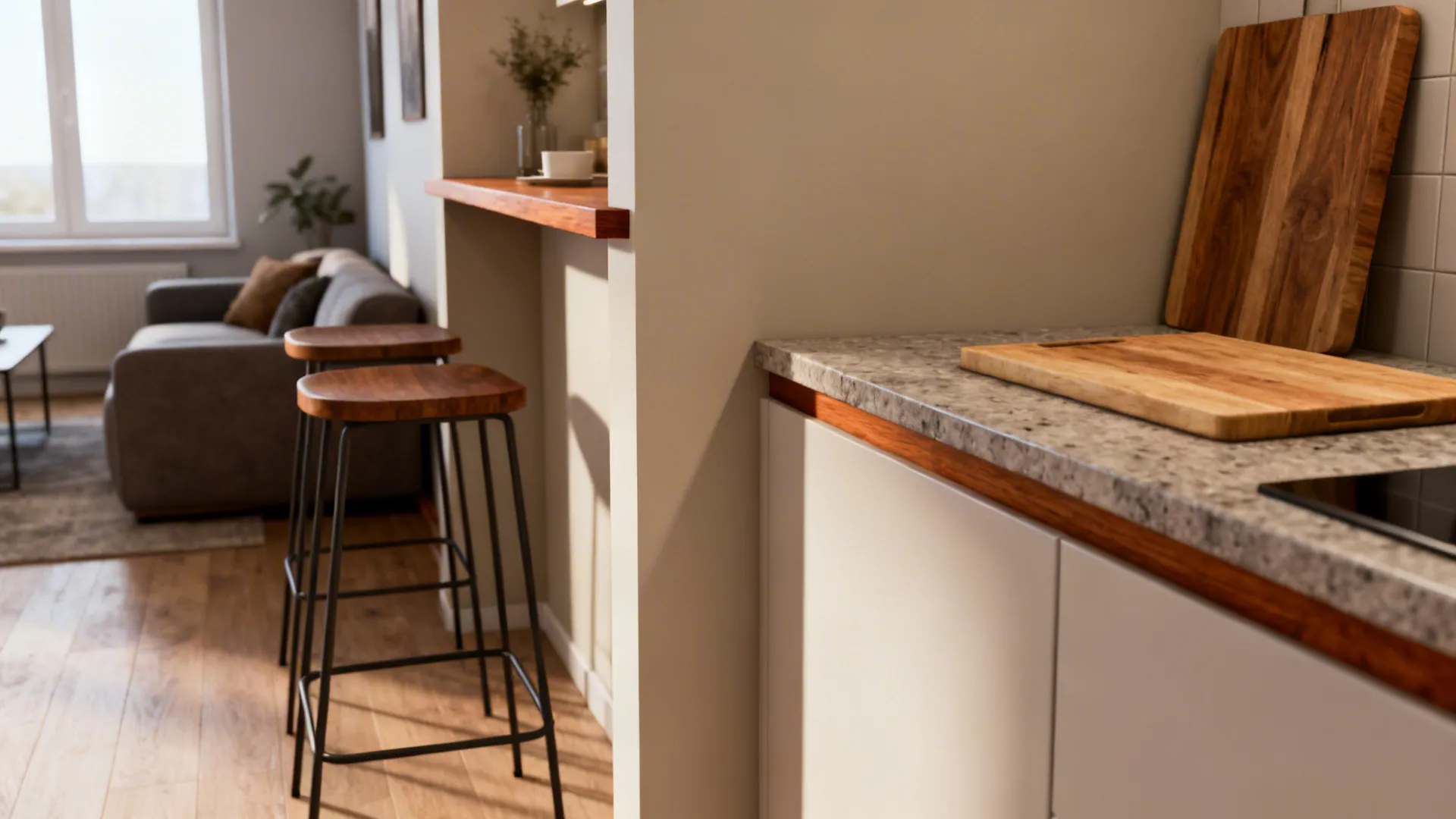 Half-wall with narrow countertop acting as a prep area and breakfast bar between kitchen and living space.