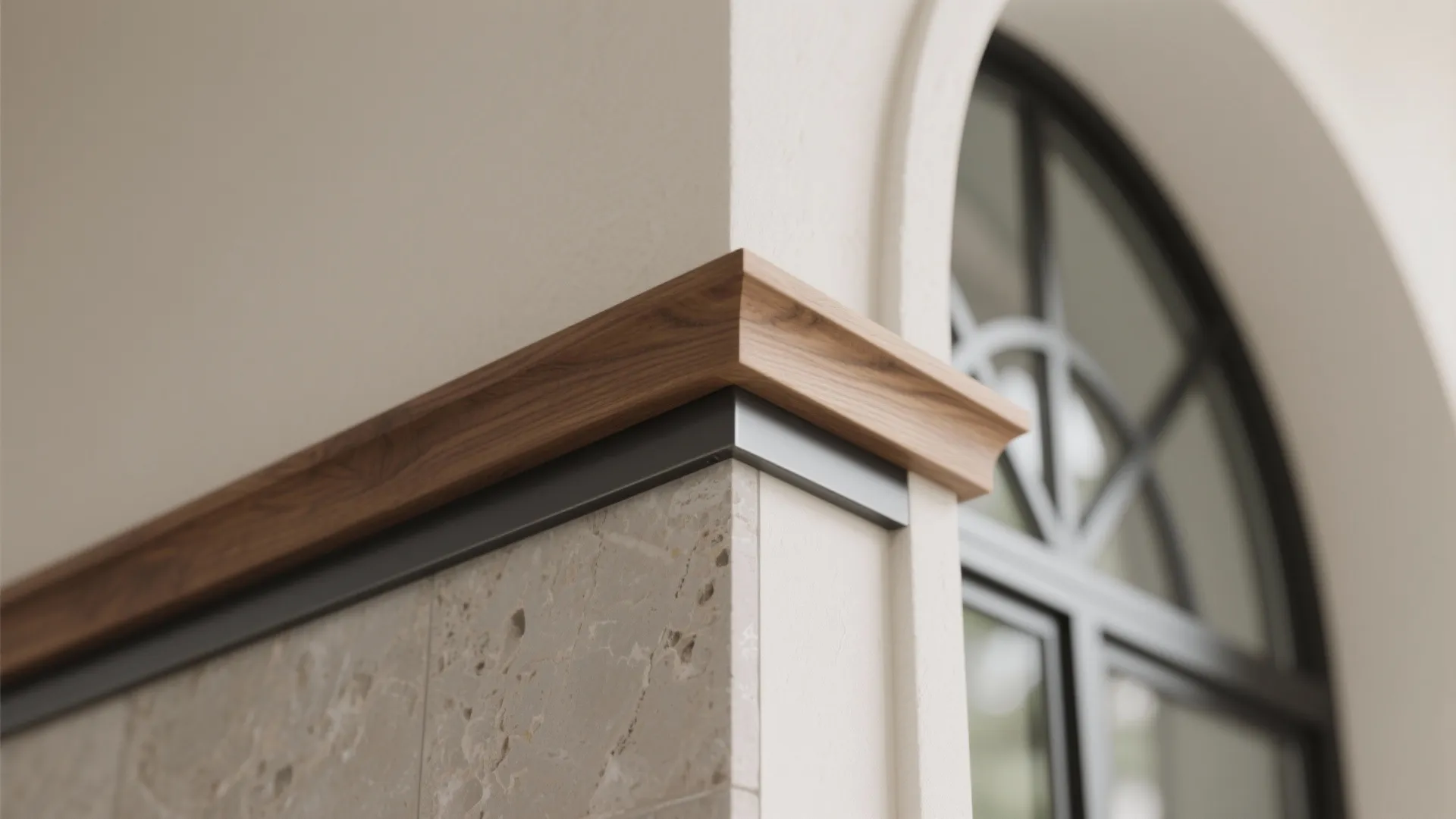 Close up of a wall panel with wood top trim above stone tiles and windows