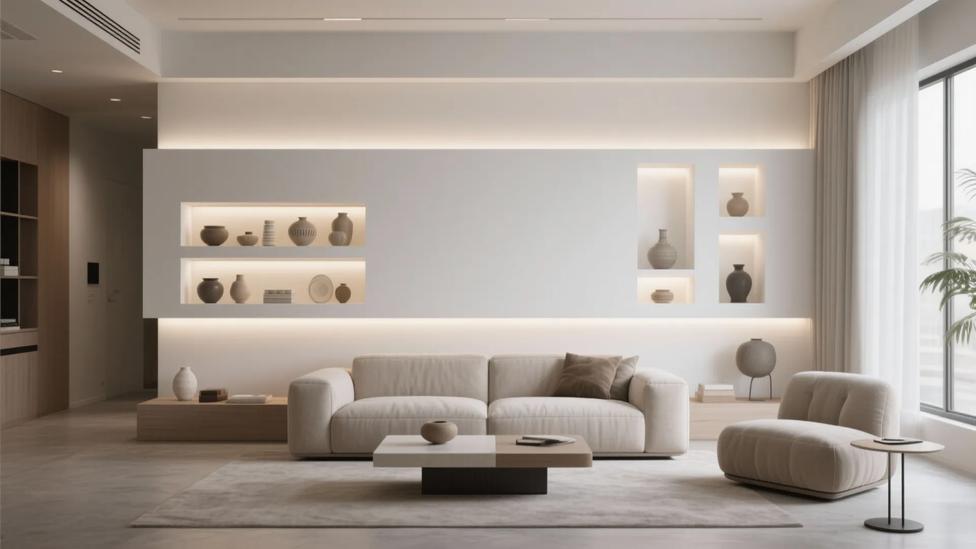 Modern living room featuring cream sofa minimalist coffee table and white wall with lighted niches