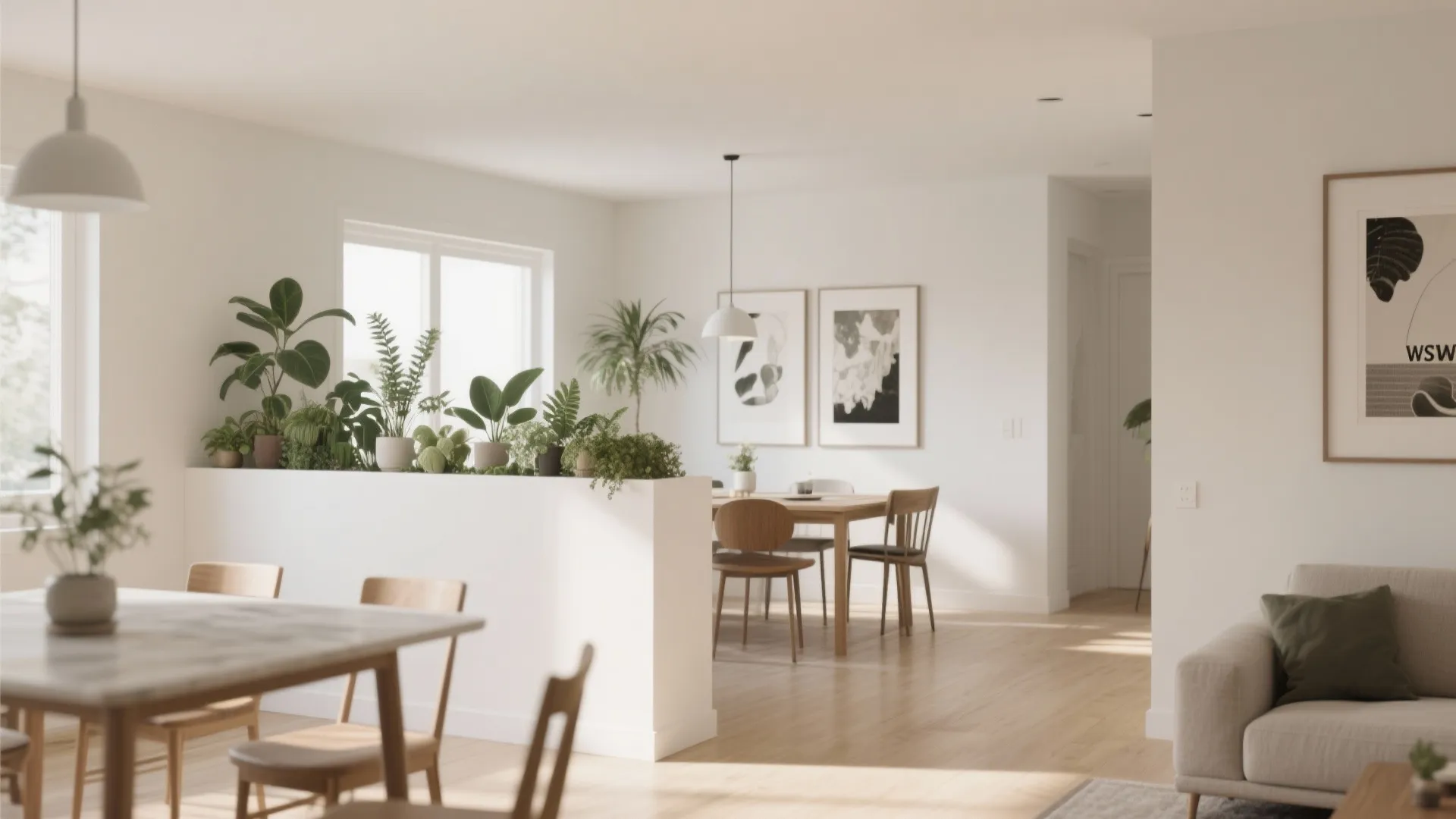 Bright minimalist interior design with white wall divider holding many green plants and wooden furniture