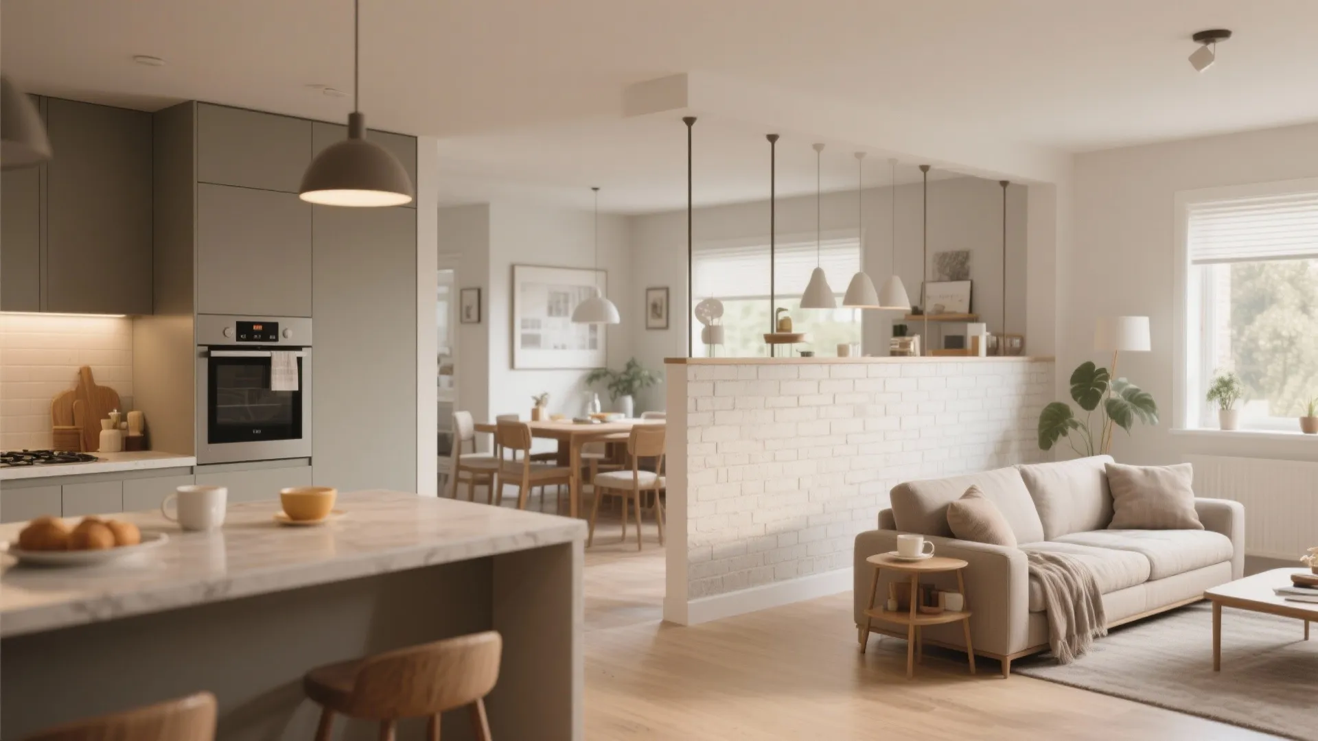 White brick half wall divider separating a cozy grey sofa area from the dining room space