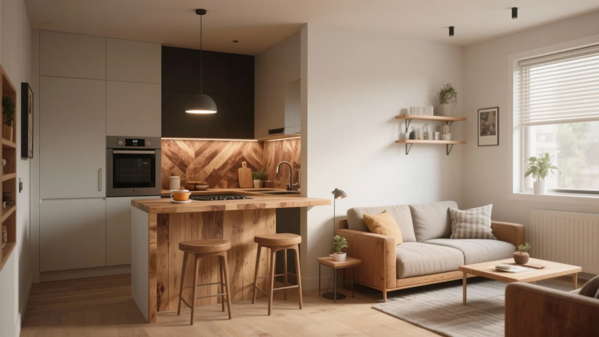 A half wall kitchen divider with wooden breakfast bar in a small apartment