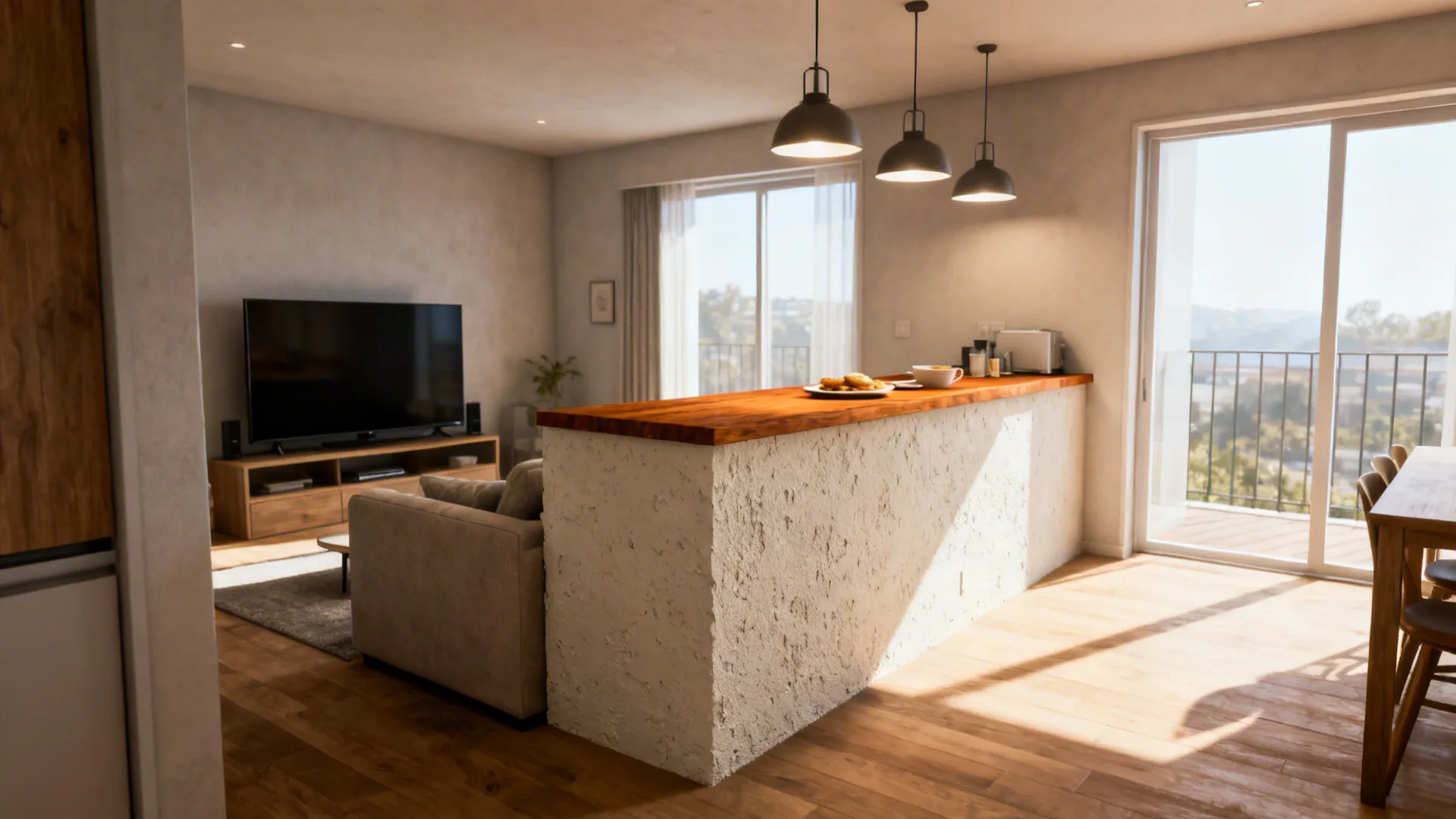 Low divider acting as breakfast counter separating kitchen and living area