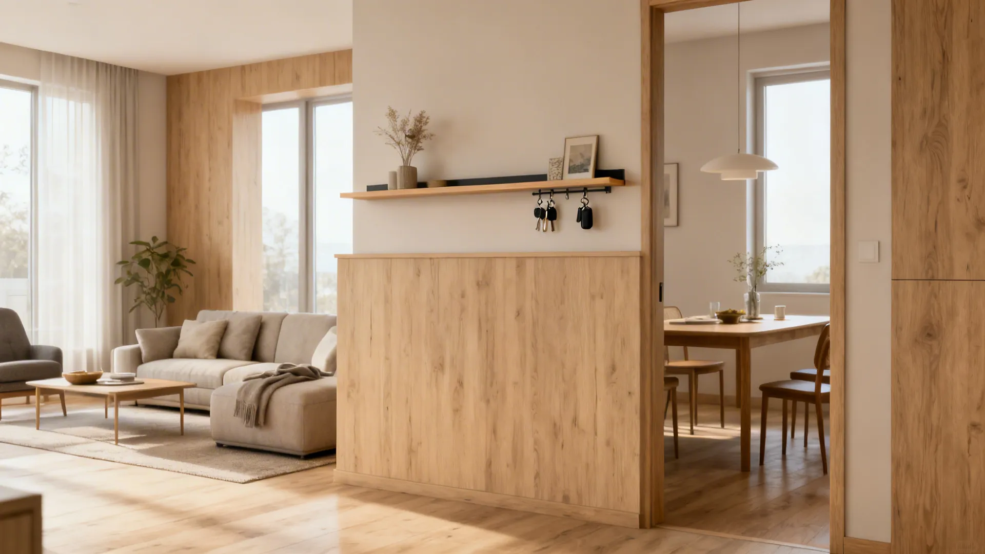 A half-wall between living and dining areas topped with a narrow shelf for mail and keys.