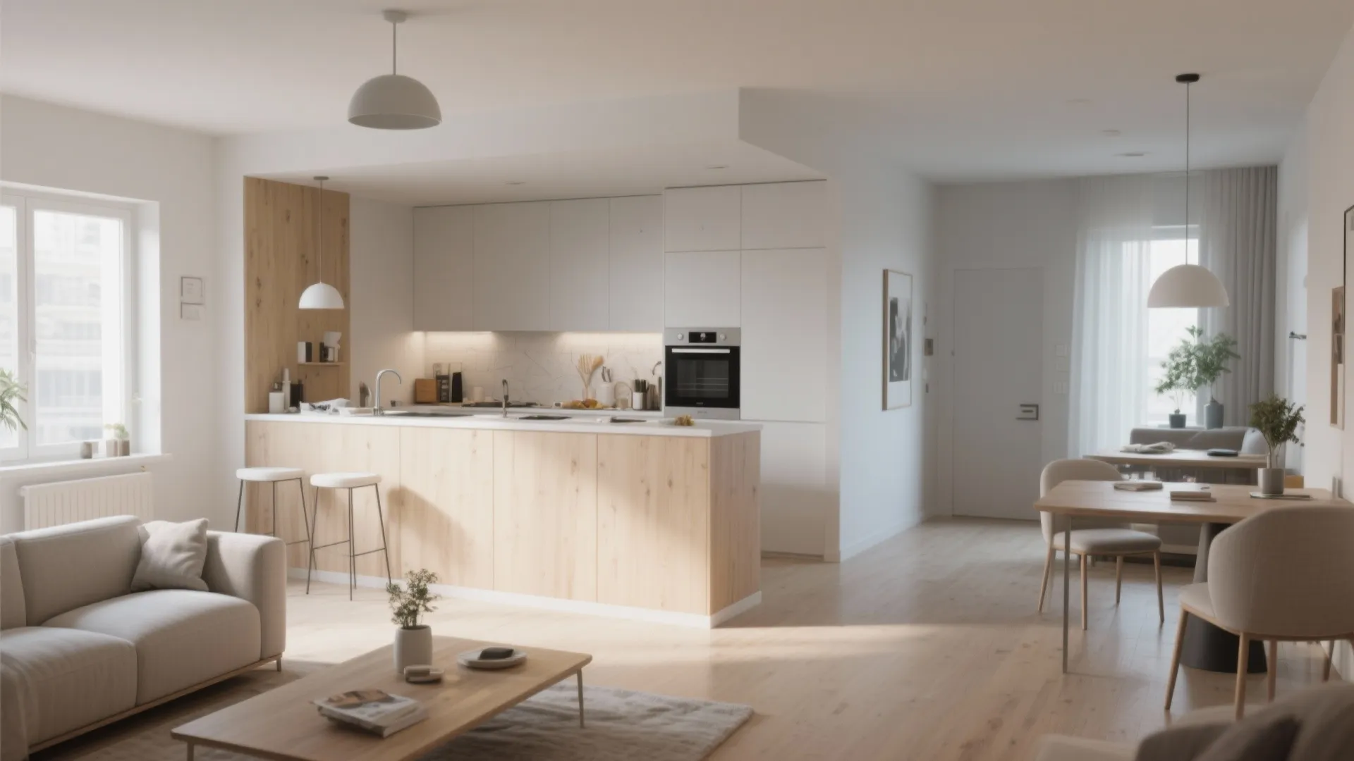 Half wall separating kitchen and living room while keeping light