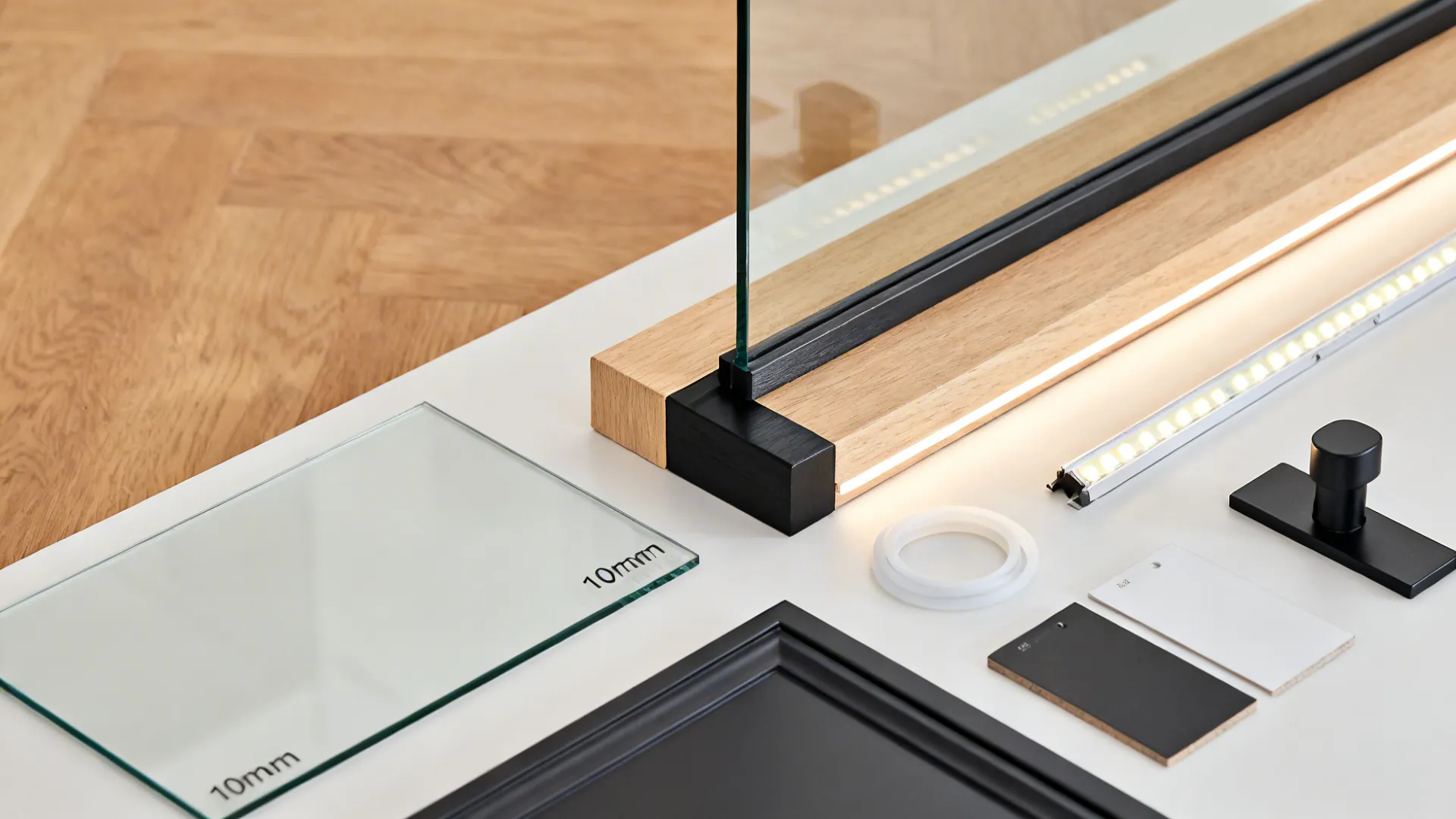Top-down material flat lay for a half-height glass splash wall with wood cap and LED strip.