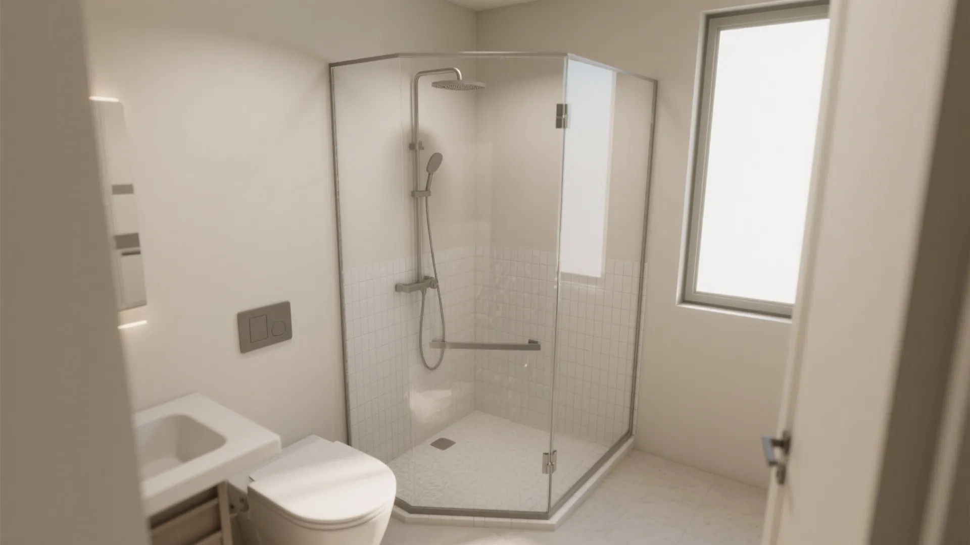 Small white bathroom featuring glass corner shower enclosure wall mounted toilet and simple vanity unit