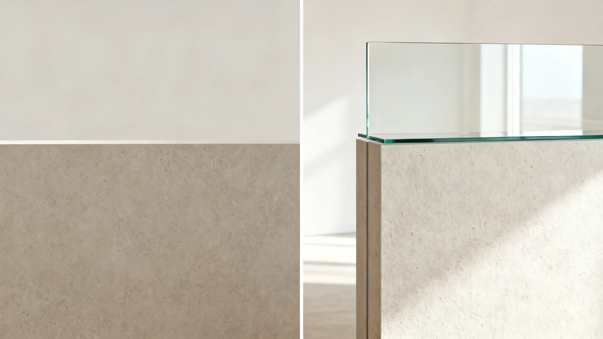 Before and after of a half wall upgraded with a clear glass topper in a small kitchen.