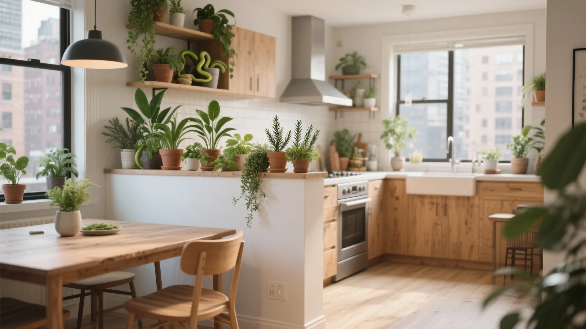 Bright kitchen with wooden cabinets white half wall many green plants and wood dining table