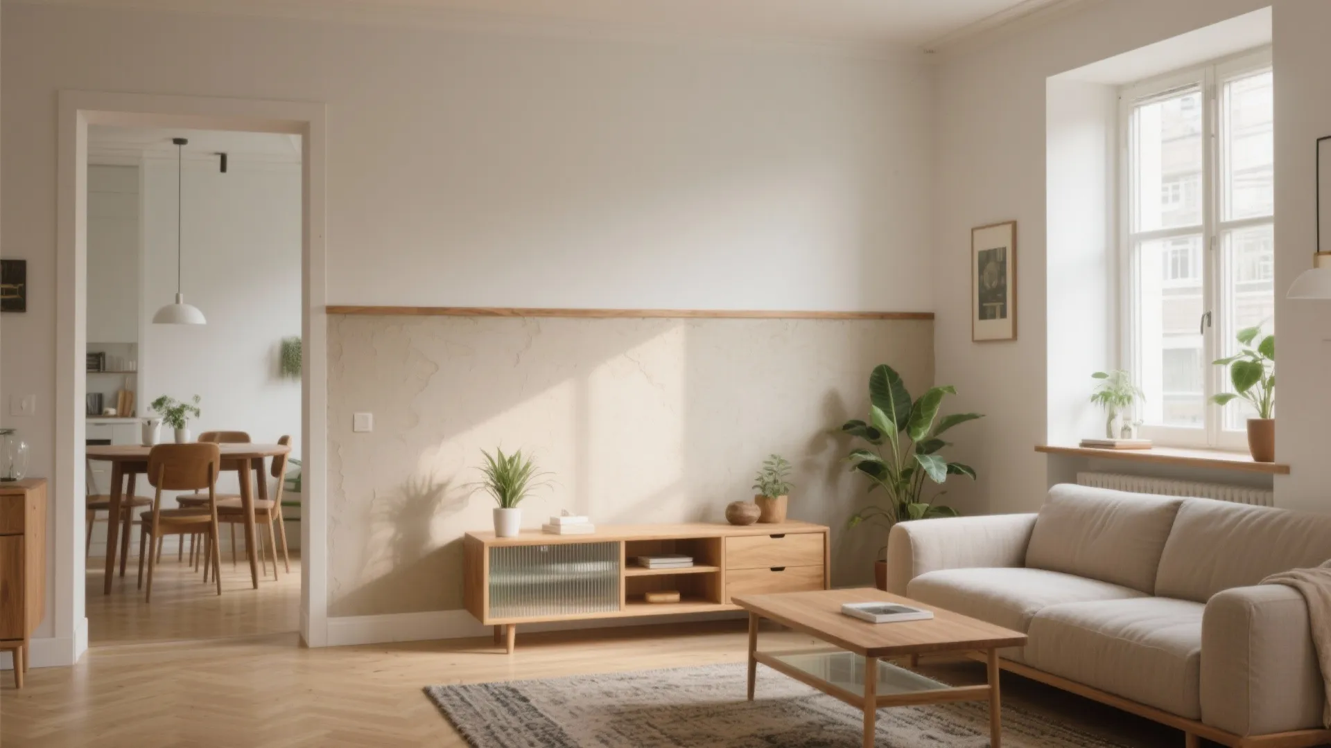 Bright living room with beige sofa wood coffee table cabinet wall panel and dining area