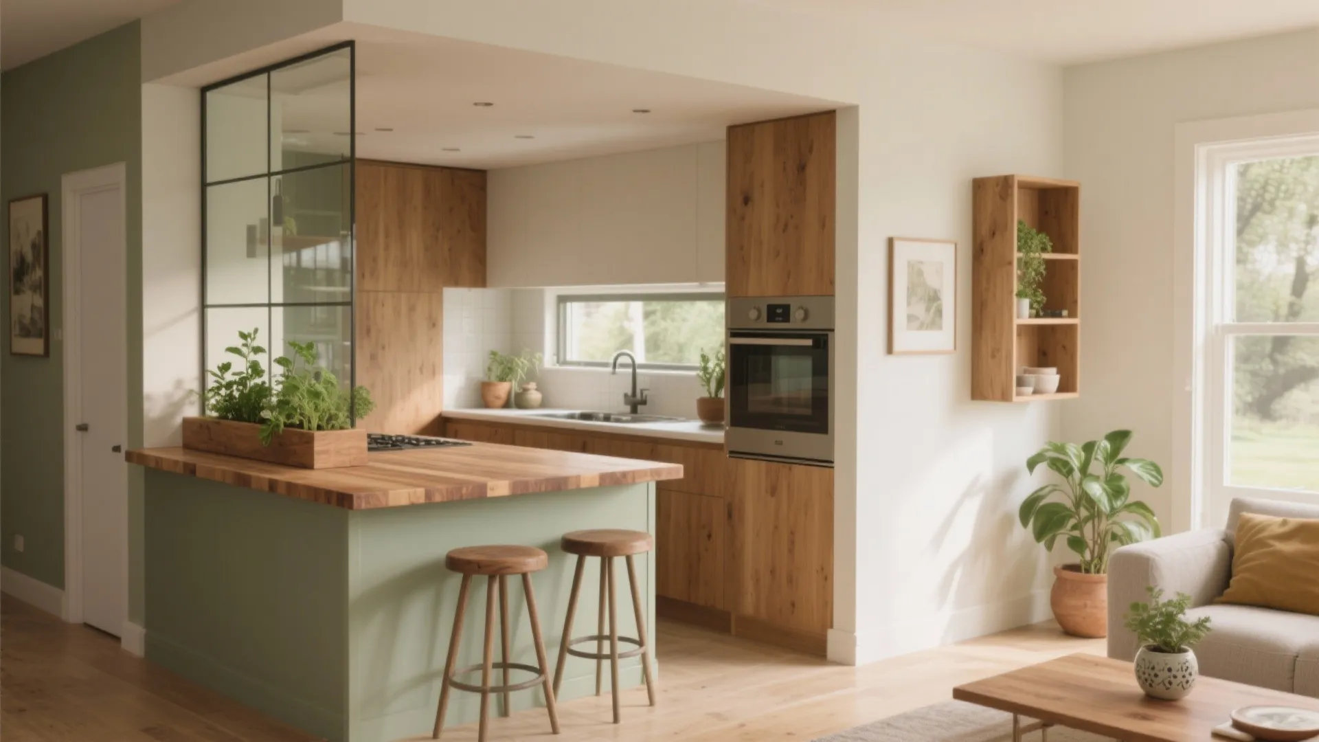 Modern kitchen with green island, wooden cabinets, two bar stools, and glass partition for living room