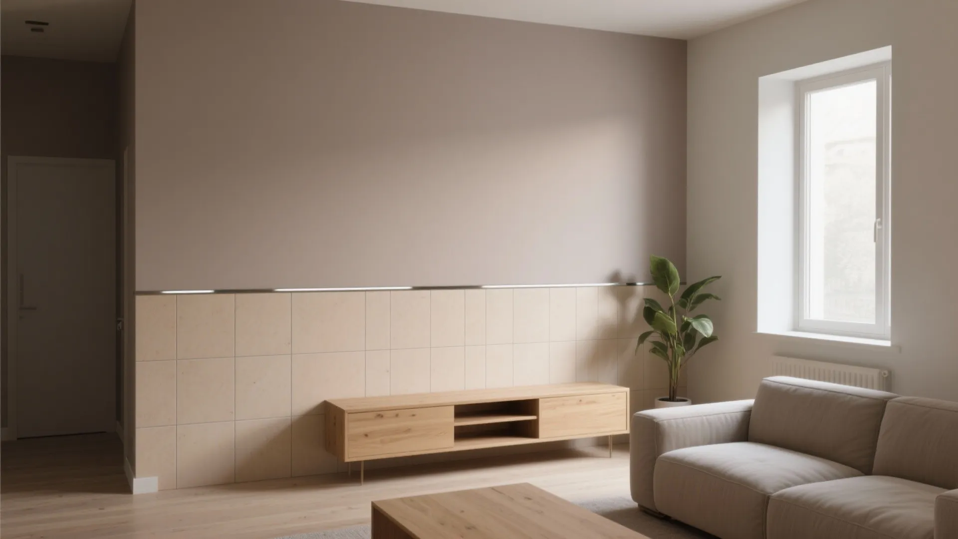 Minimalist interior with beige wall panel wooden cabinet grey sofa large window and potted green plant