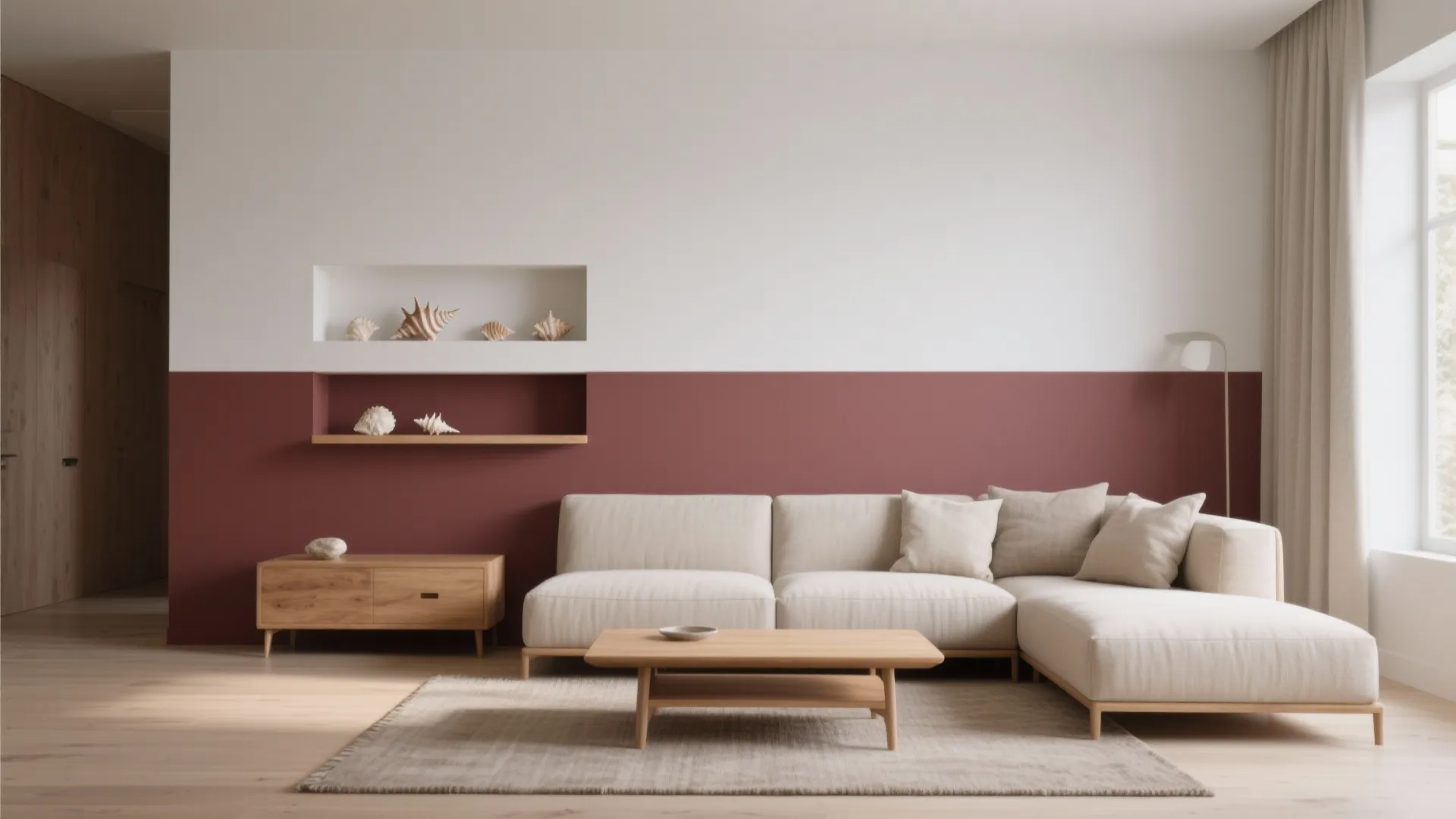Modern living room with red and white wall paint cream sofa wood table and rug