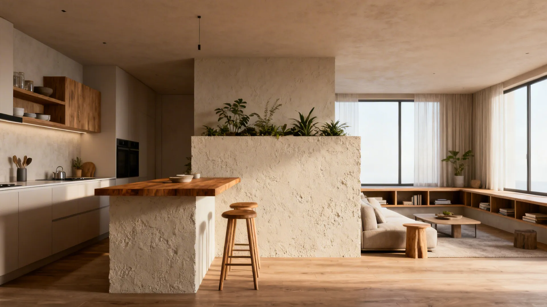 Modern open plan living room with textured half wall partition kitchen island and wooden bar stools