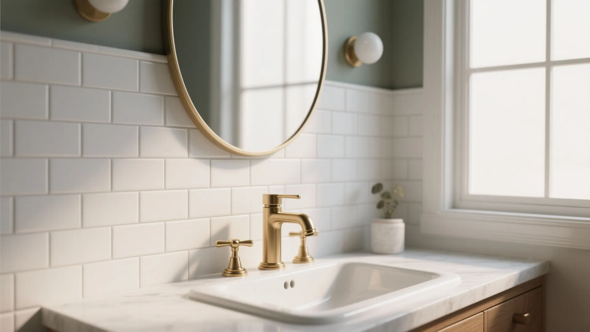 Bathroom vanity with white brick tiles gold faucet round mirror and a small green plant
