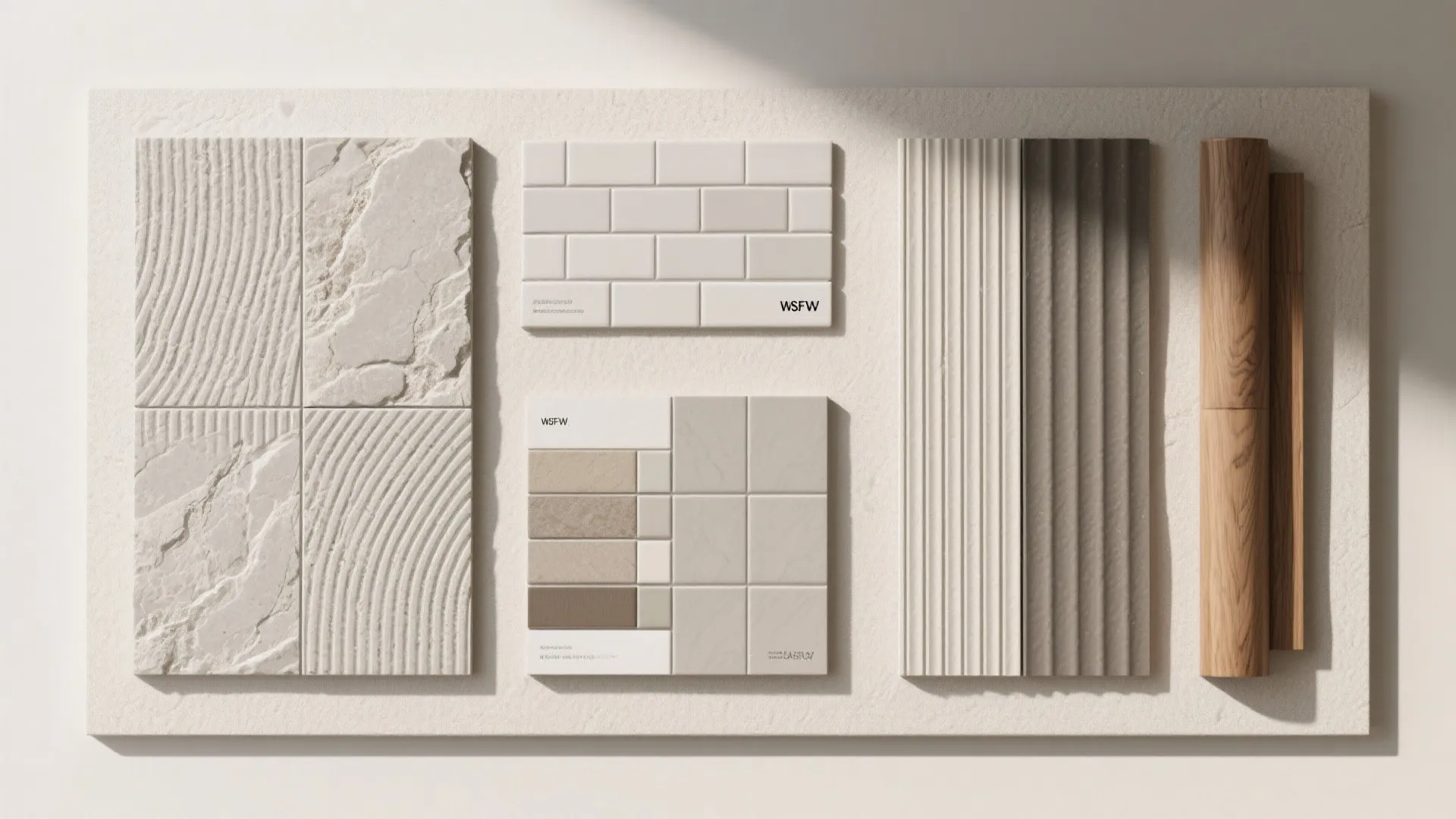 Flat lay of interior material samples including textured stone tiles white bricks ribbed panels wood