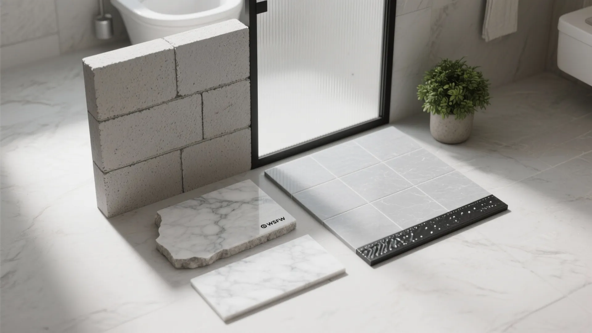 Selection of bathroom building materials including grey bricks and white marble tiles on the floor