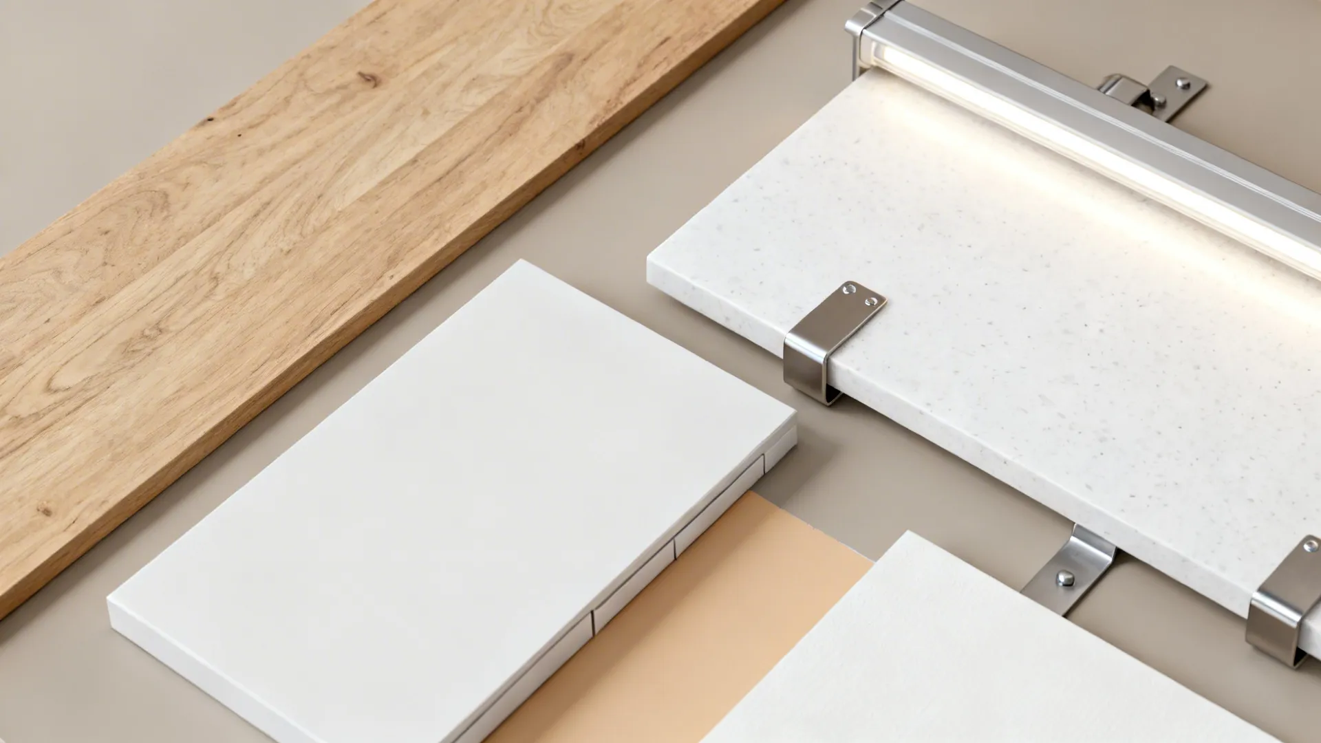 Flat lay of oak shelves, warm white paint, white quartz, steel brackets, and LED diffuser.