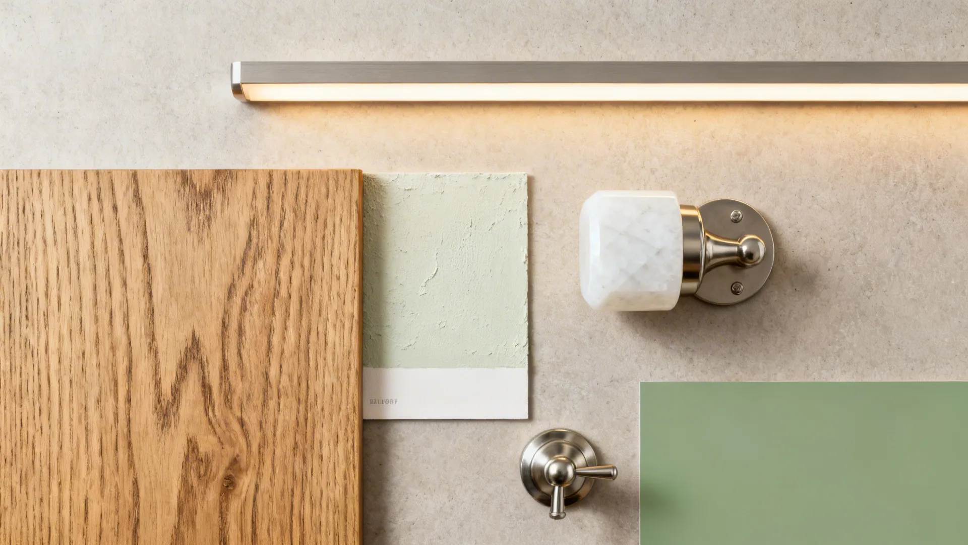 Flat lay of oak veneer, limewash plaster, warm white quartz, hardware, LEDs, and green paint chip.