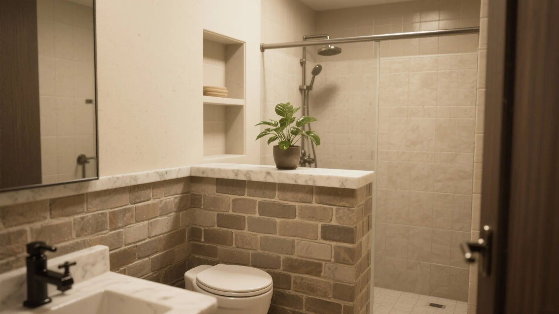 Modern bathroom featuring brick half wall with marble top near toilet and glass shower area