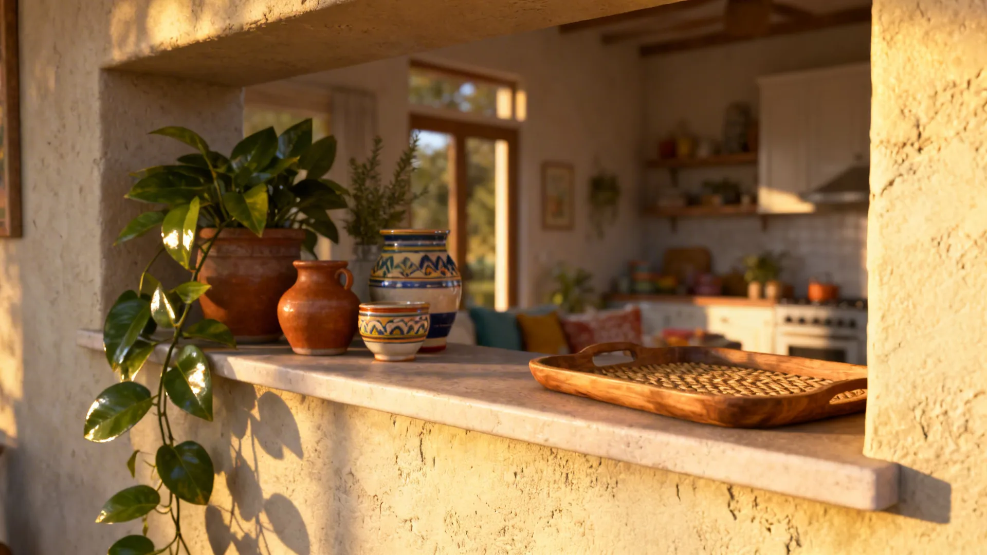 Stone wall niche with green plants colorful ceramic jars wooden tray and sunny kitchen background