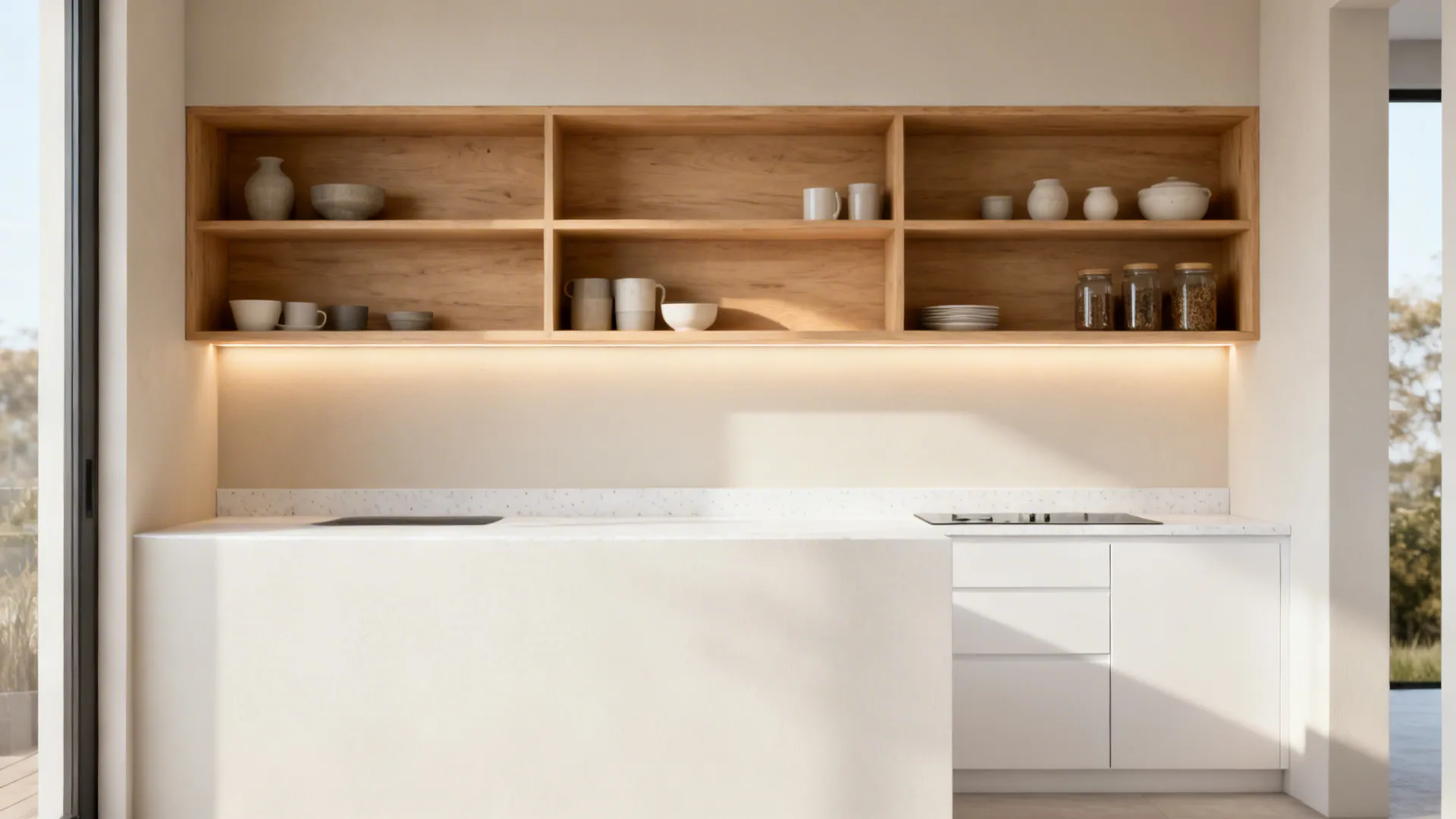Half-height wall with open oak shelves divides a compact kitchen while keeping light and storage.