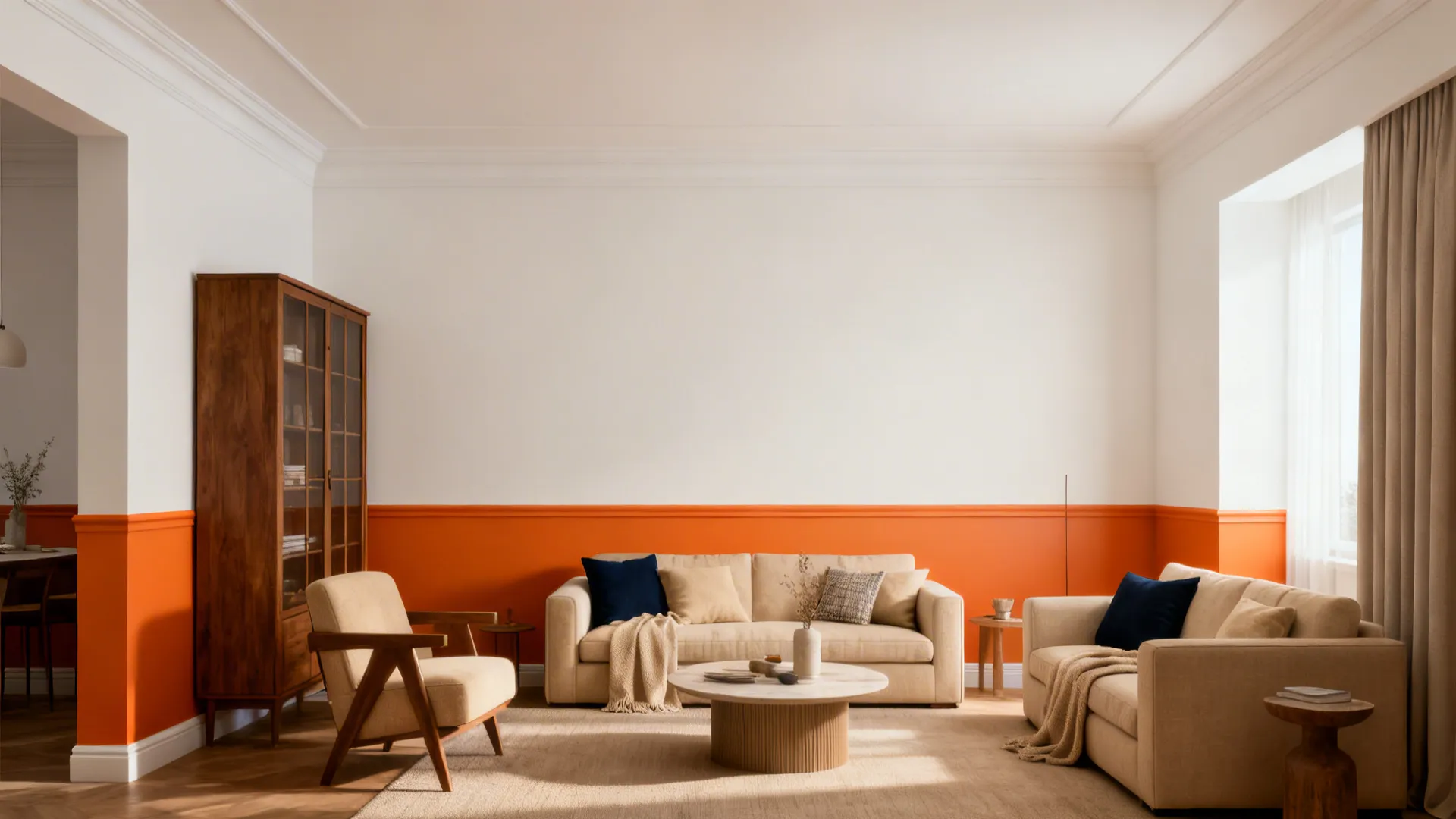 Living room with lower half-wall painted orange and neutral upper half to keep ceiling feeling higher.