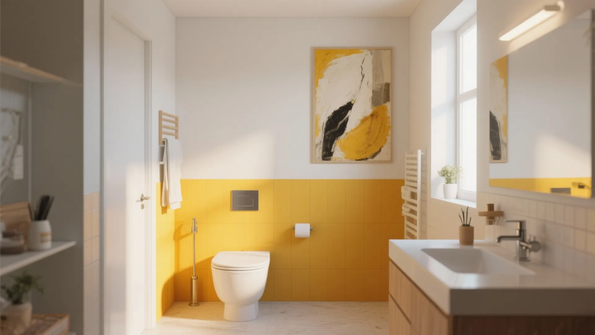 Bright bathroom with yellow wall tiles white toilet wooden cabinet and abstract art on wall