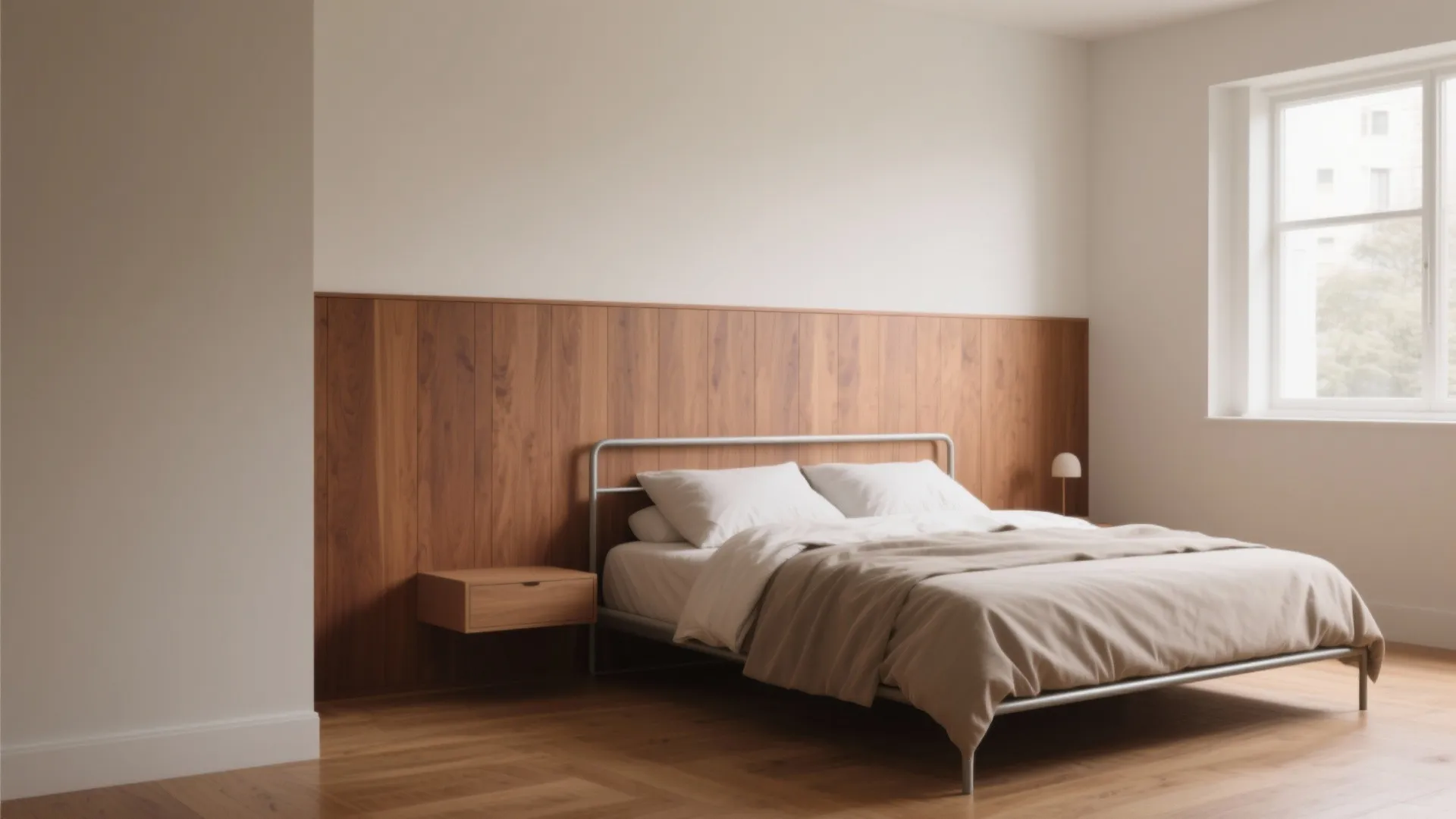 Minimalist bedroom interior with wooden wall panel behind a simple metal bed and large window