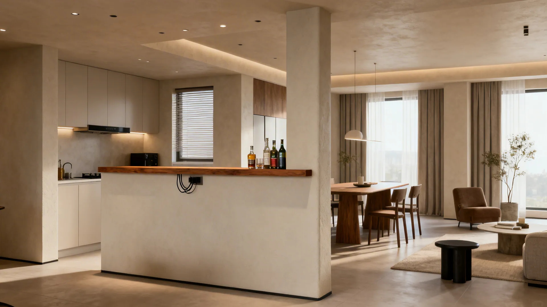 Half-height partition with a wood ledge separating kitchen-dining from living area and hiding cables.