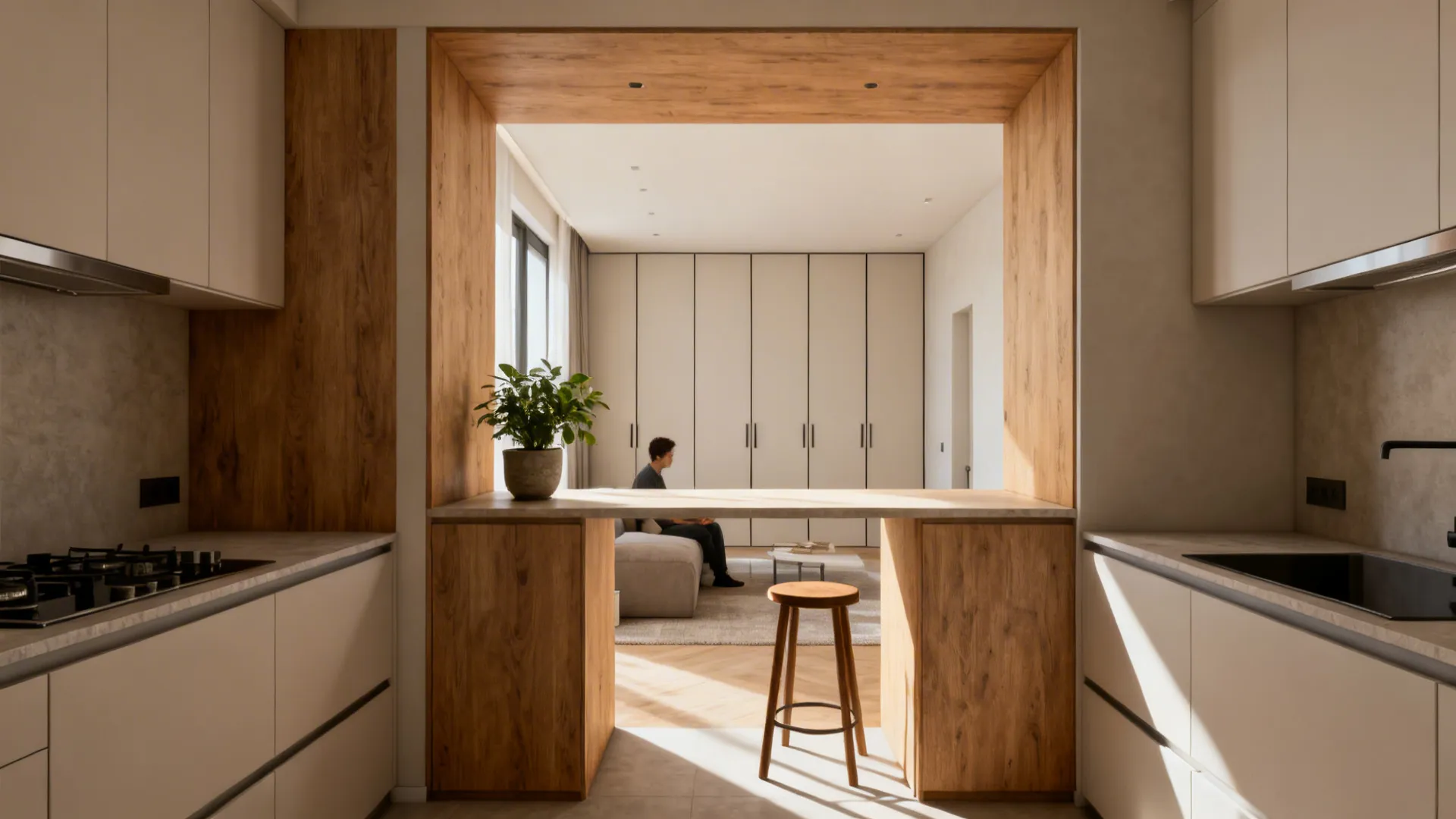 Condo kitchen with a half-wall pass-through to the living area and tall cabinets for storage.
