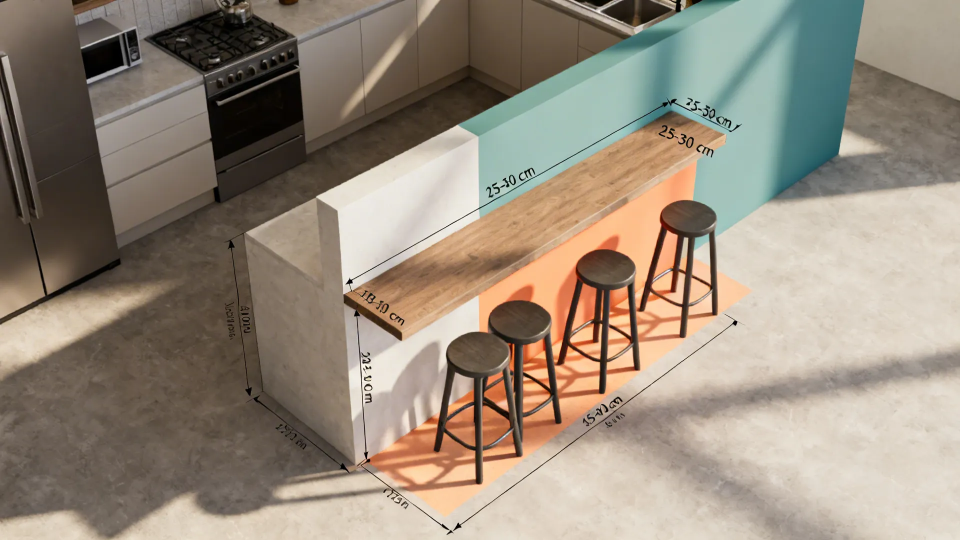 Top-down mockup of half wall layout showing sightlines, overhang and stool clearances for planning.