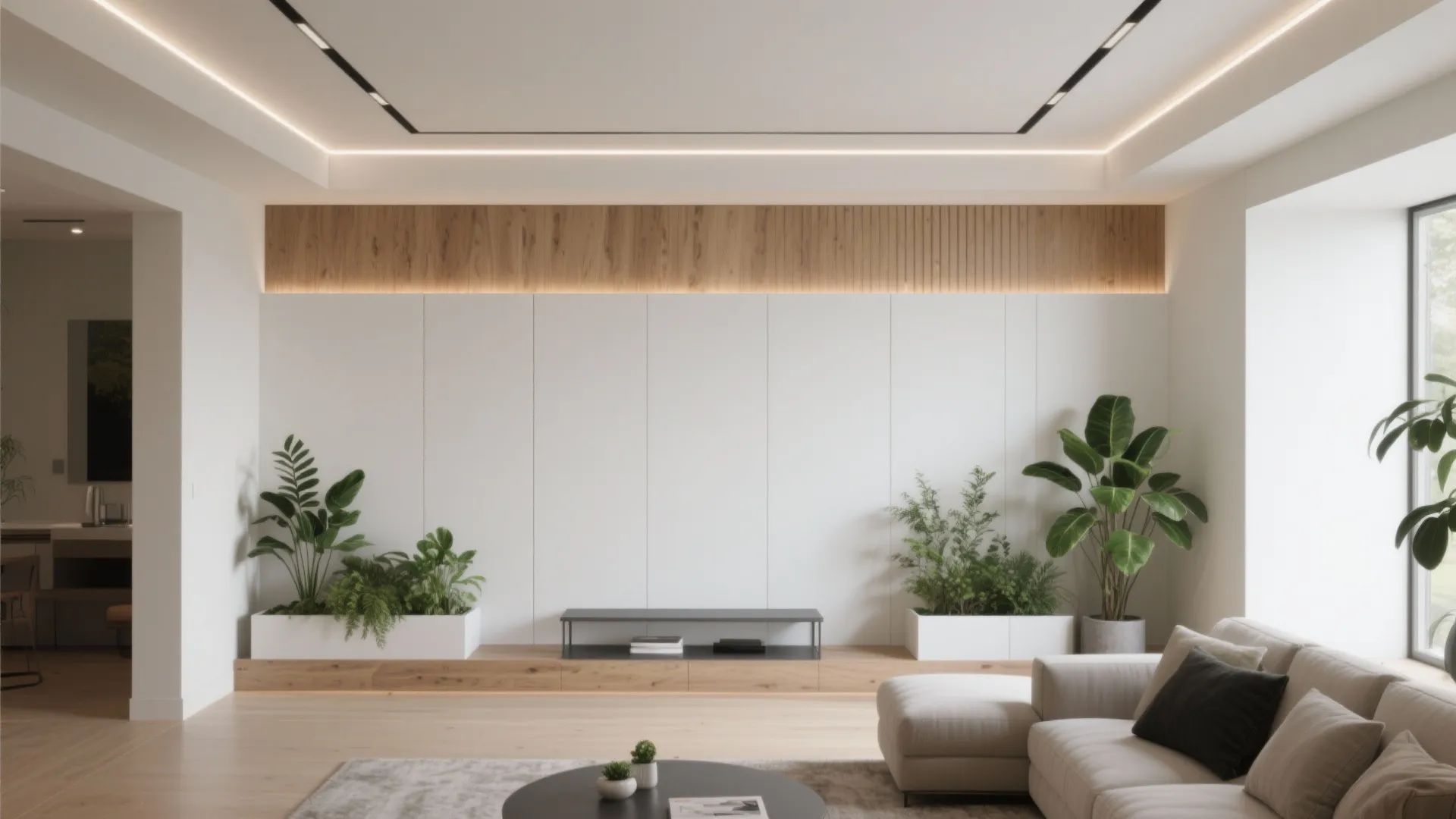 White wall panel design with built in wooden planters and green plants in living room