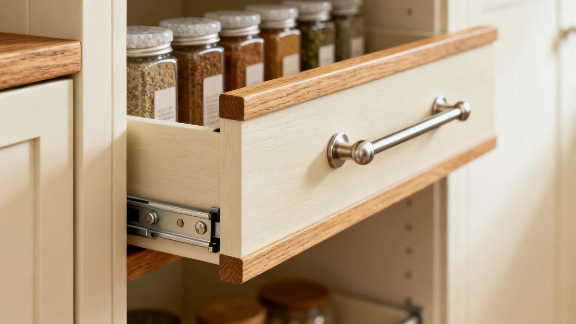 Macro of shallow pull-out pantry in a half wall with oak shelves and brushed hardware.
