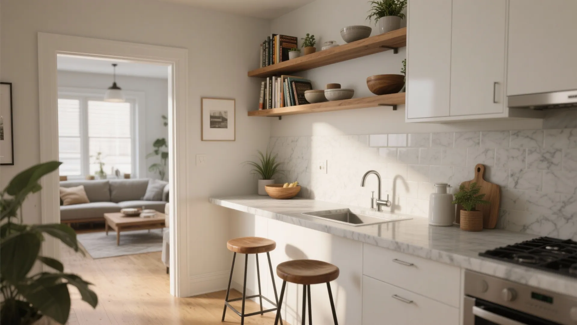 Half-height partition with open shelving