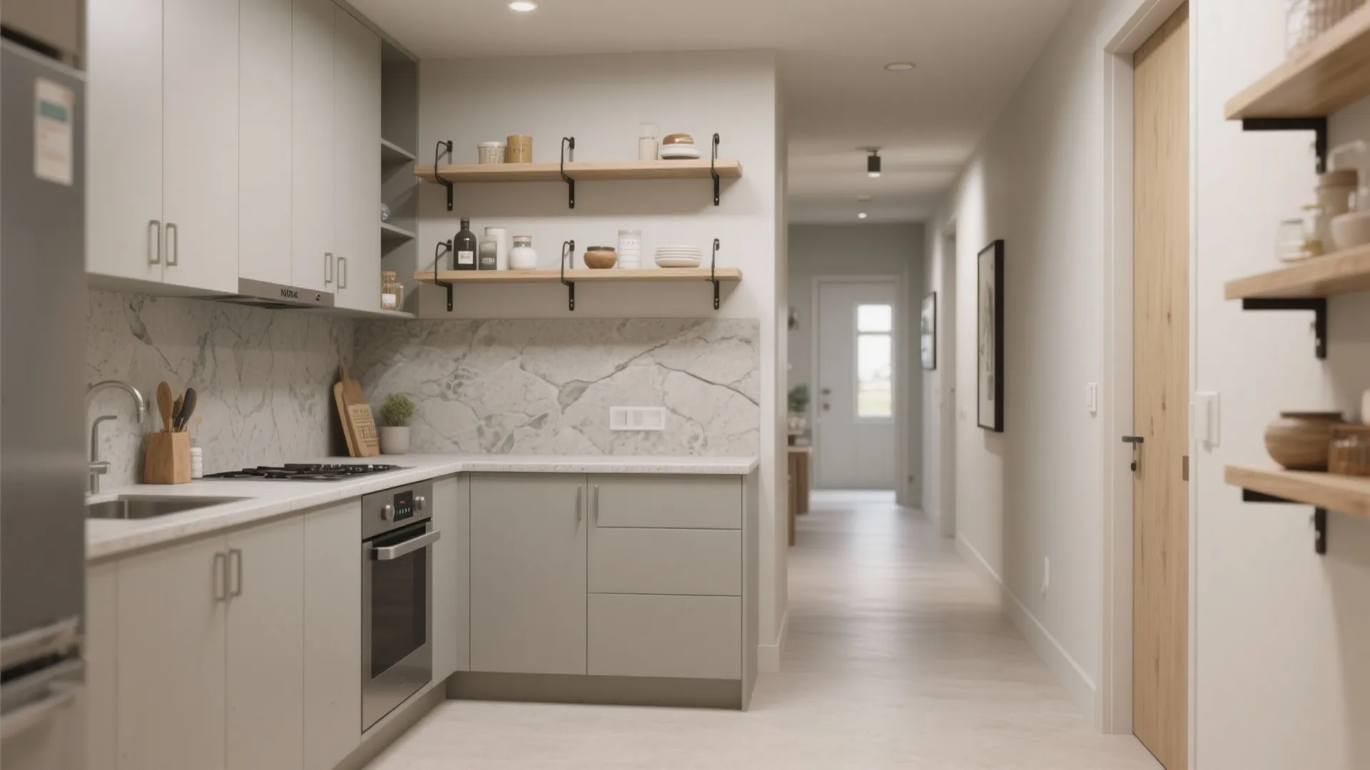 Half-height solid wall with open upper shelving