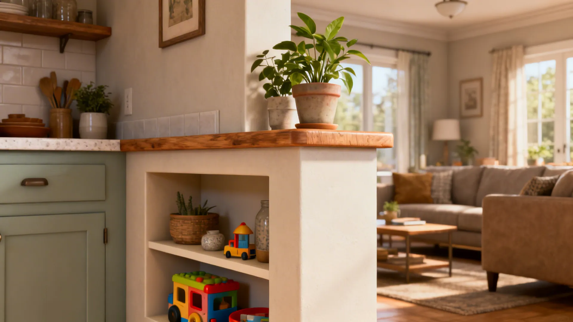 Half-wall with shallow interior shelving bridging kitchen and living room, styled with plants.