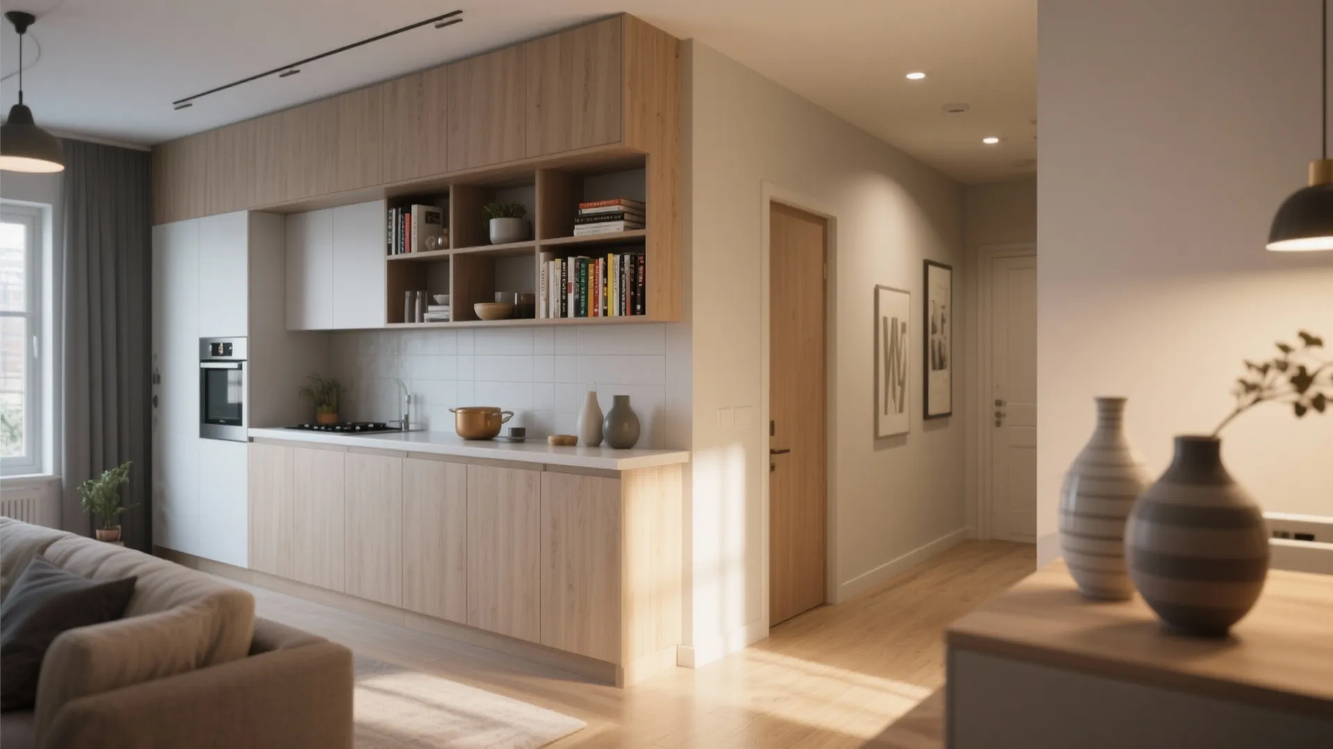Modern open kitchen with light wood cabinets and shelving unit next to a hallway entrance