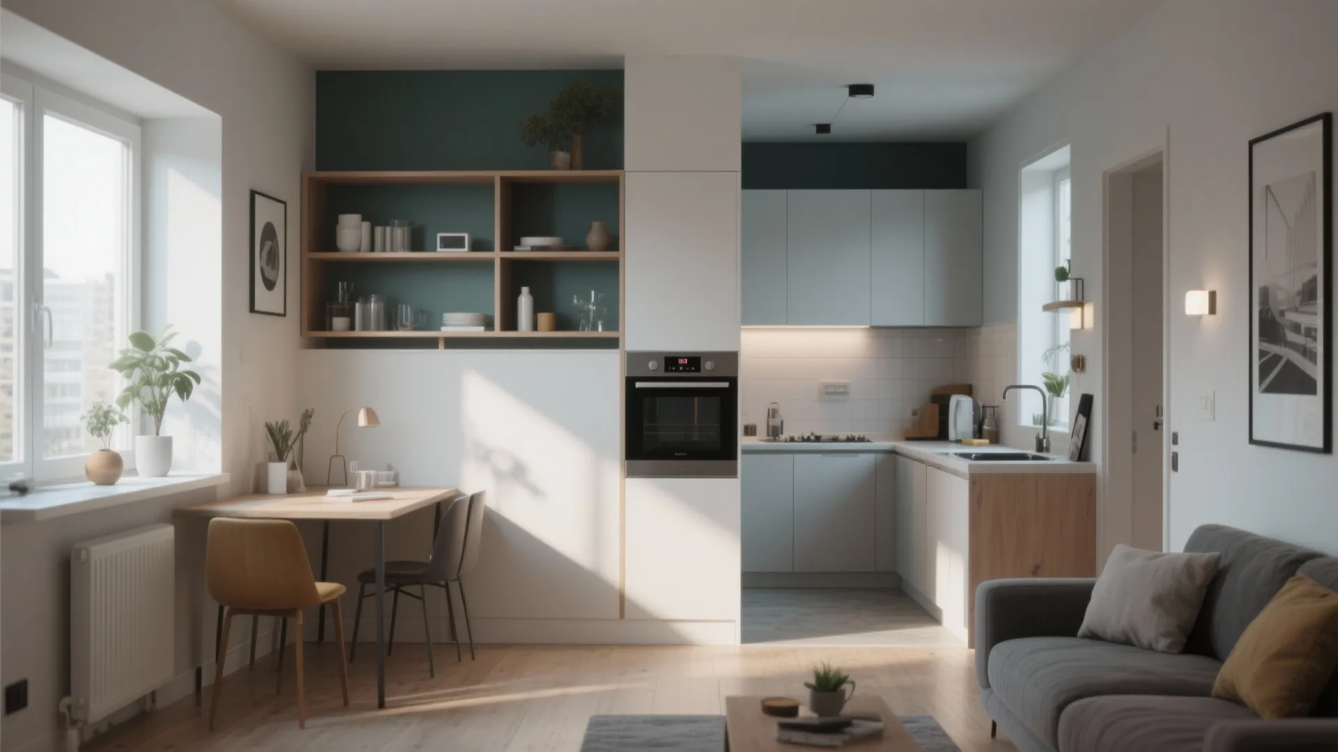 Small apartment interior with kitchen cabinets dining table and half wall storage shelf near grey sofa
